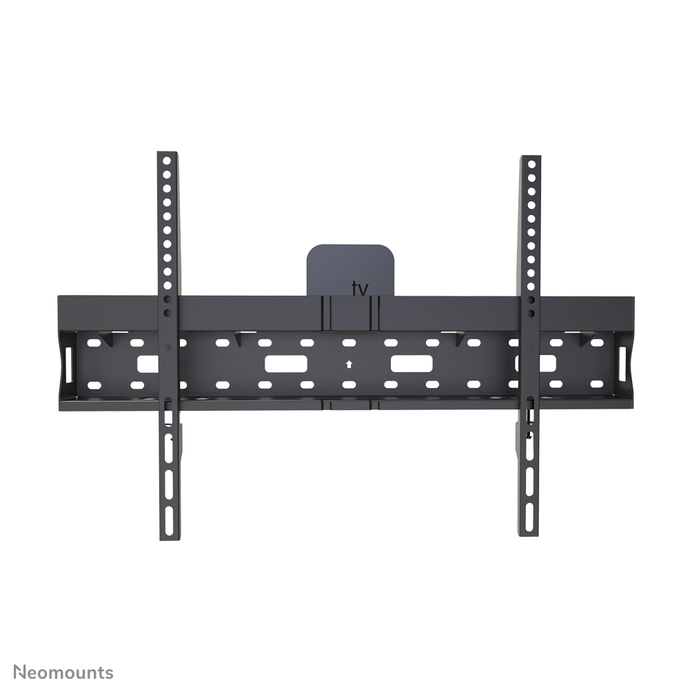 Zwarte tv-muurbeugel met twee verticale rails en een patroon van gaten.