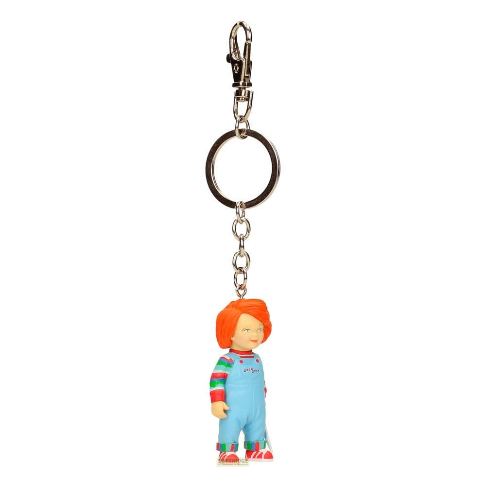 Schlüsselanhänger mit Chucky-Figur in blauer Latzhose und gestreiftem Oberteil.