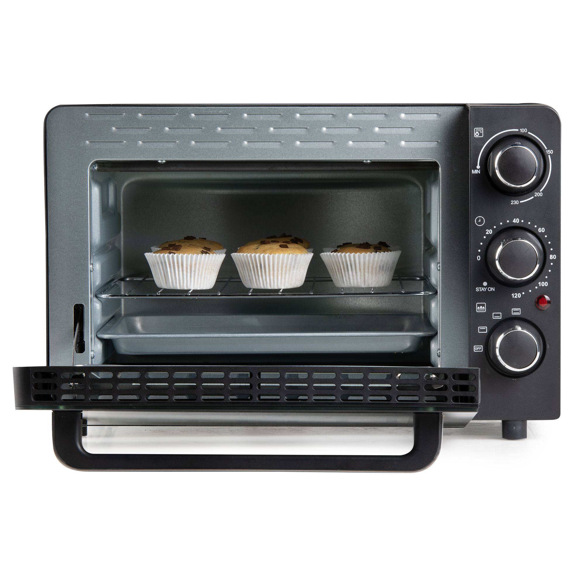 Drei Muffins mit Schokostückchen in einem offenen Toaster-Ofen.
