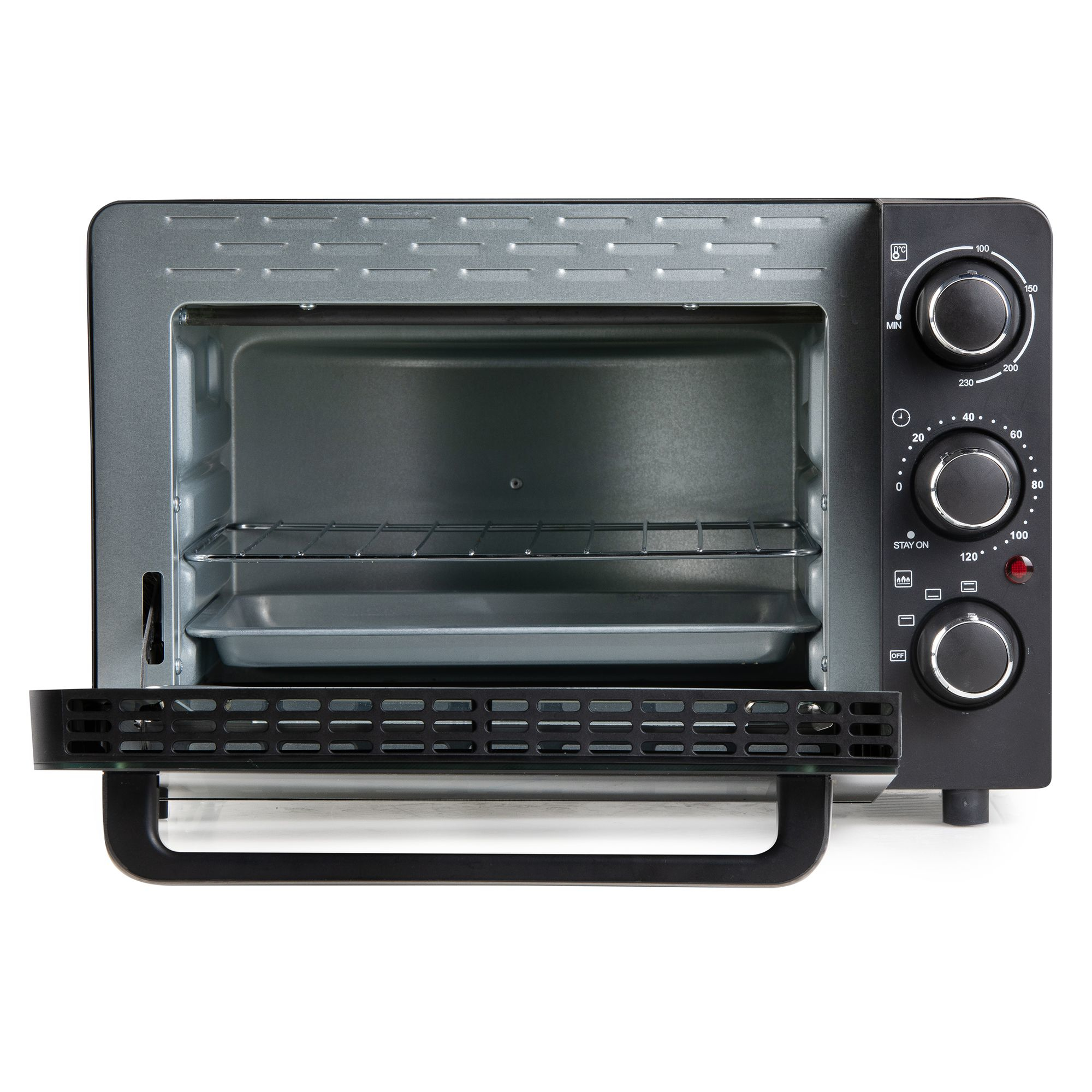 Ein offener schwarzer Minibackofen mit Grill und Temperaturreglern.