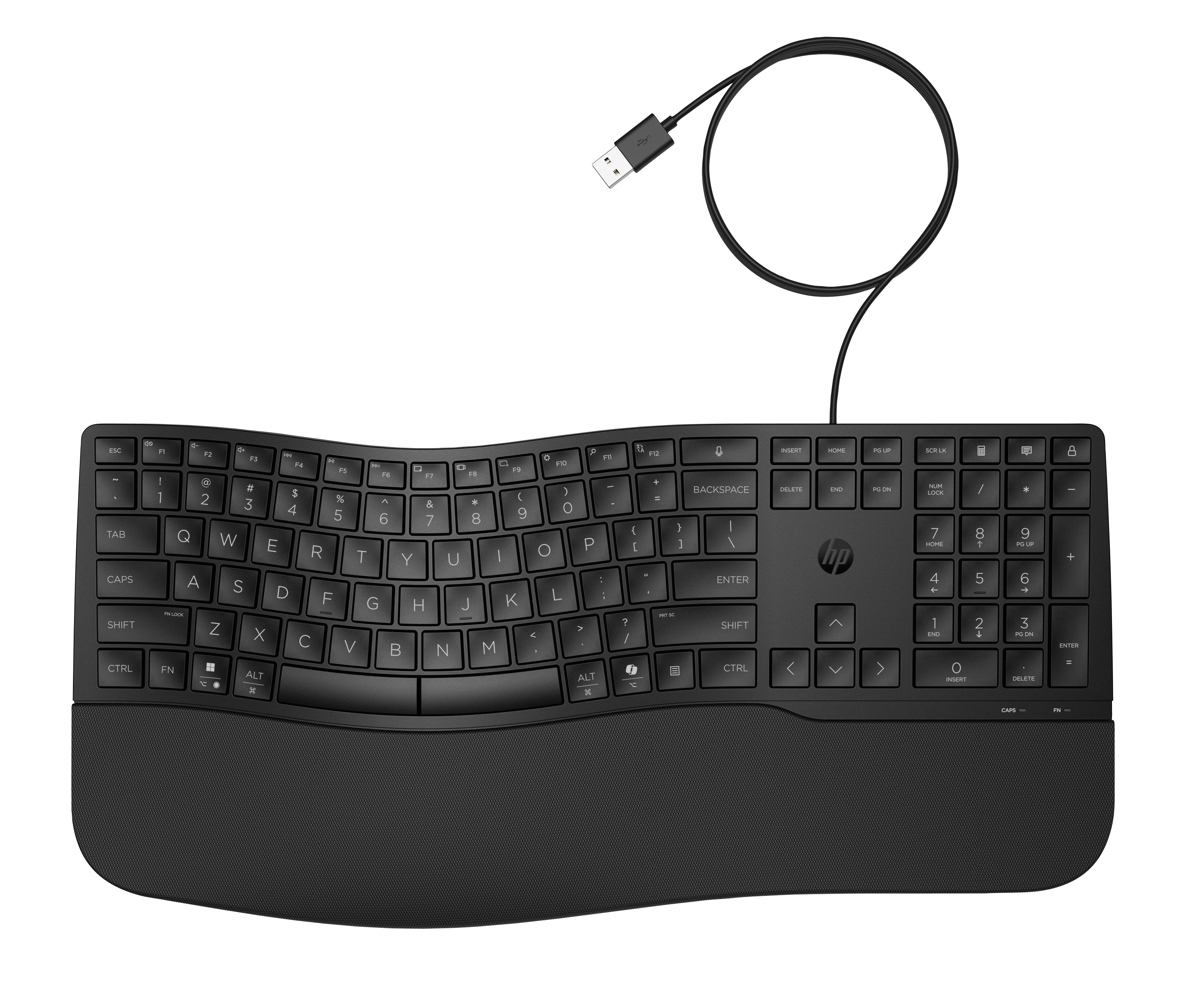 Teclado ergonómico negro con cable USB y reposamuñecas.