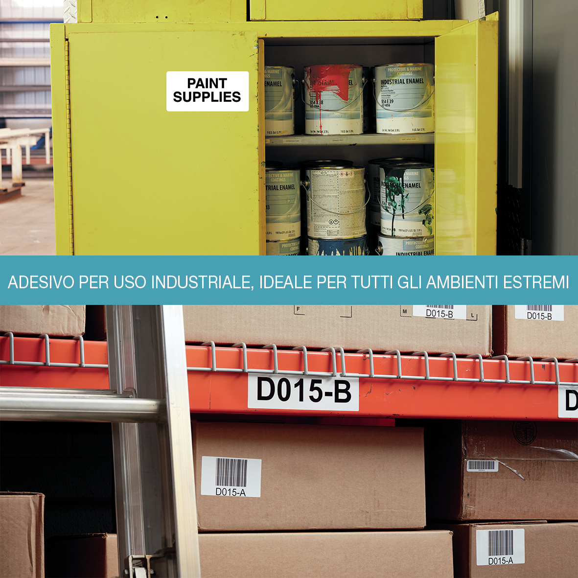 Armadio giallo con barattoli di vernice e scatole. Etichetta "PAINT SUPPLIES".