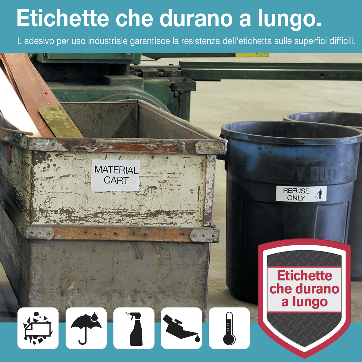 Carrello porta materiali industriale vicino a bidone spazzatura con icone.