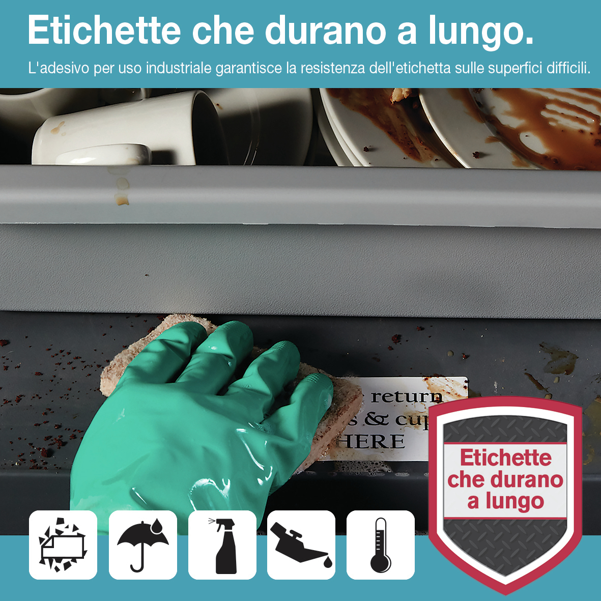 Una mano guantata pulisce una superficie. Icone indicano durabilità.