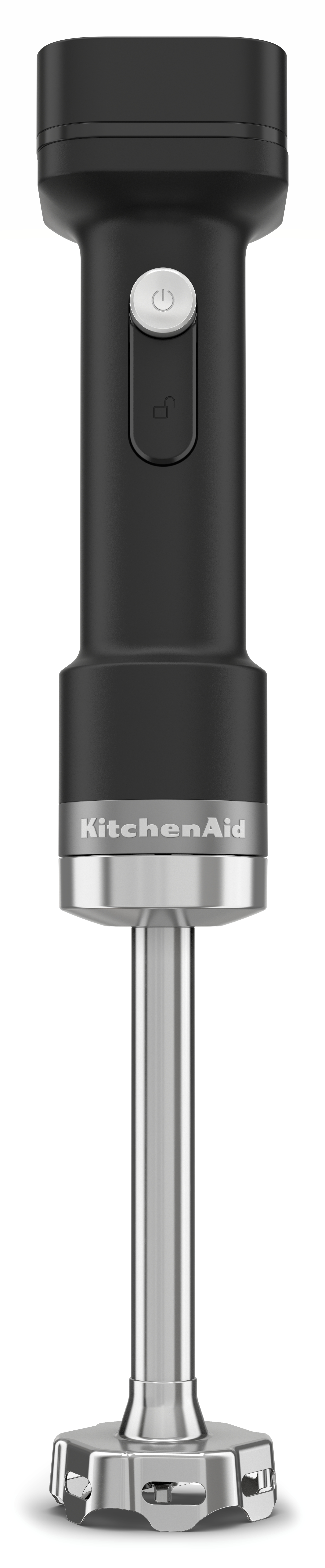 Schwarzer Stabmixer mit silbernen Akzenten und KitchenAid-Logo.