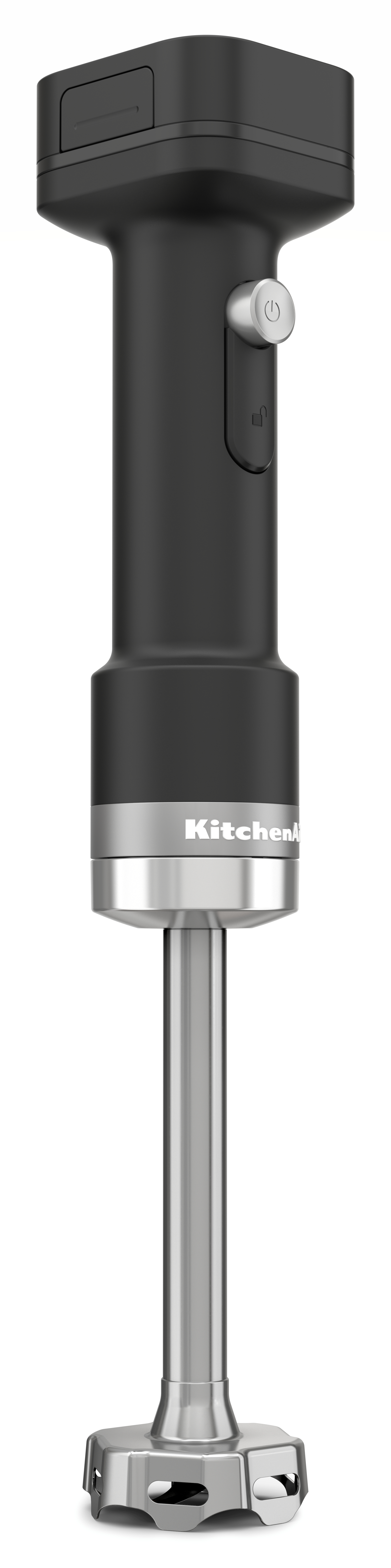 Ein schwarzer Stabmixer mit silbernen Akzenten und einem KitchenAid-Logo.