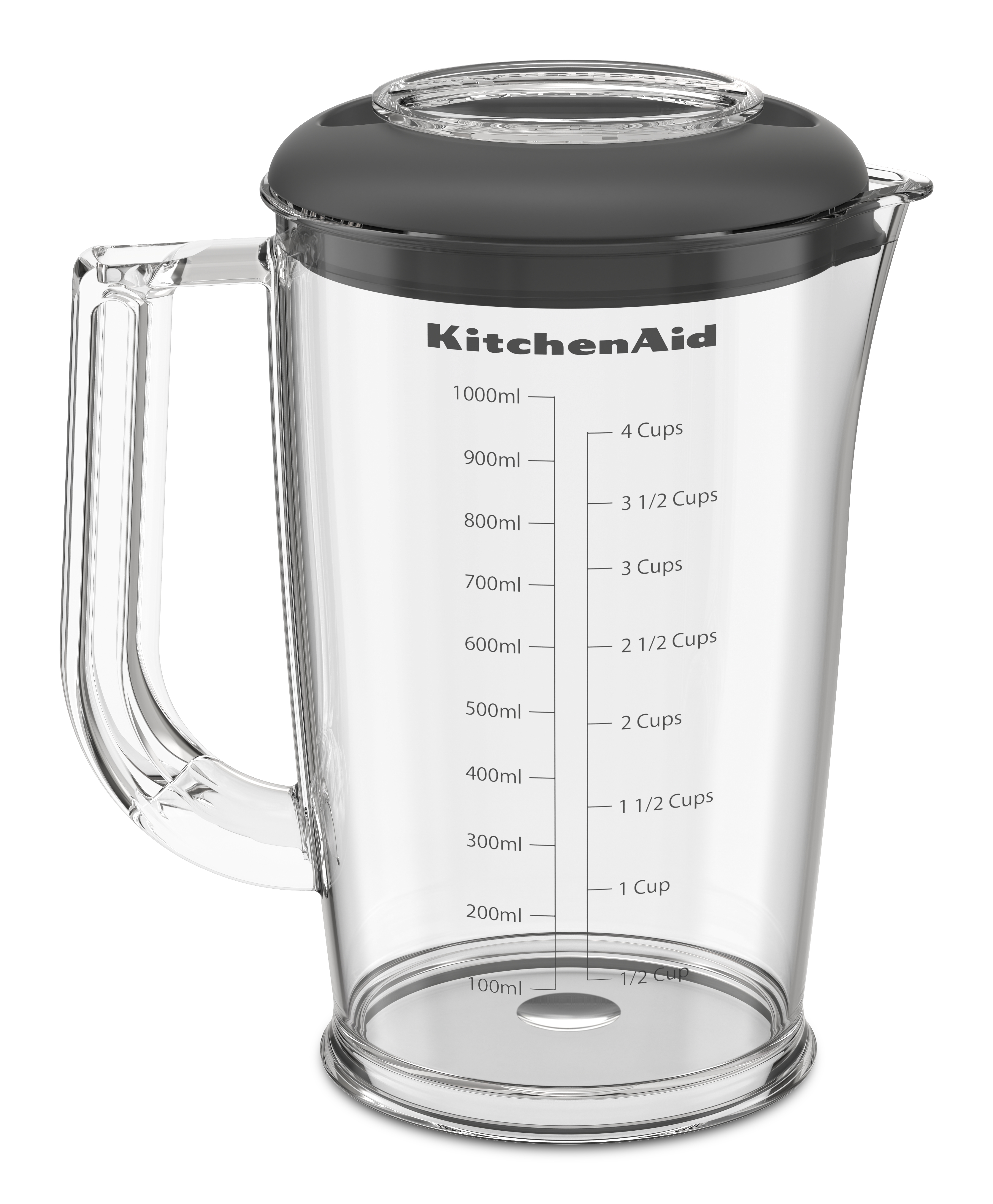 Ein durchsichtiger Messbecher mit schwarzem Deckel und Henkel, KitchenAid-Logo.