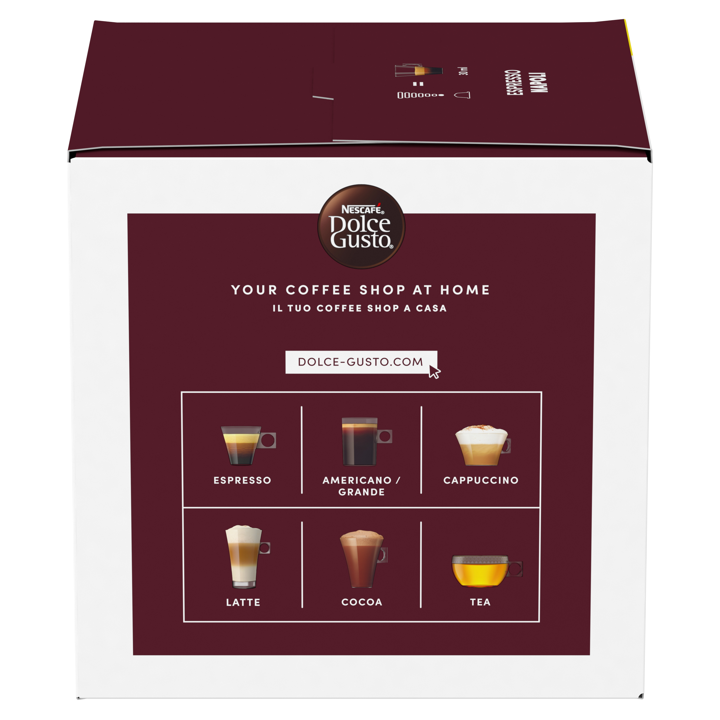 Confezione mostra Nescafé Dolce Gusto con immagini di Espresso, Latte, Cappuccino, Cacao, Tè.