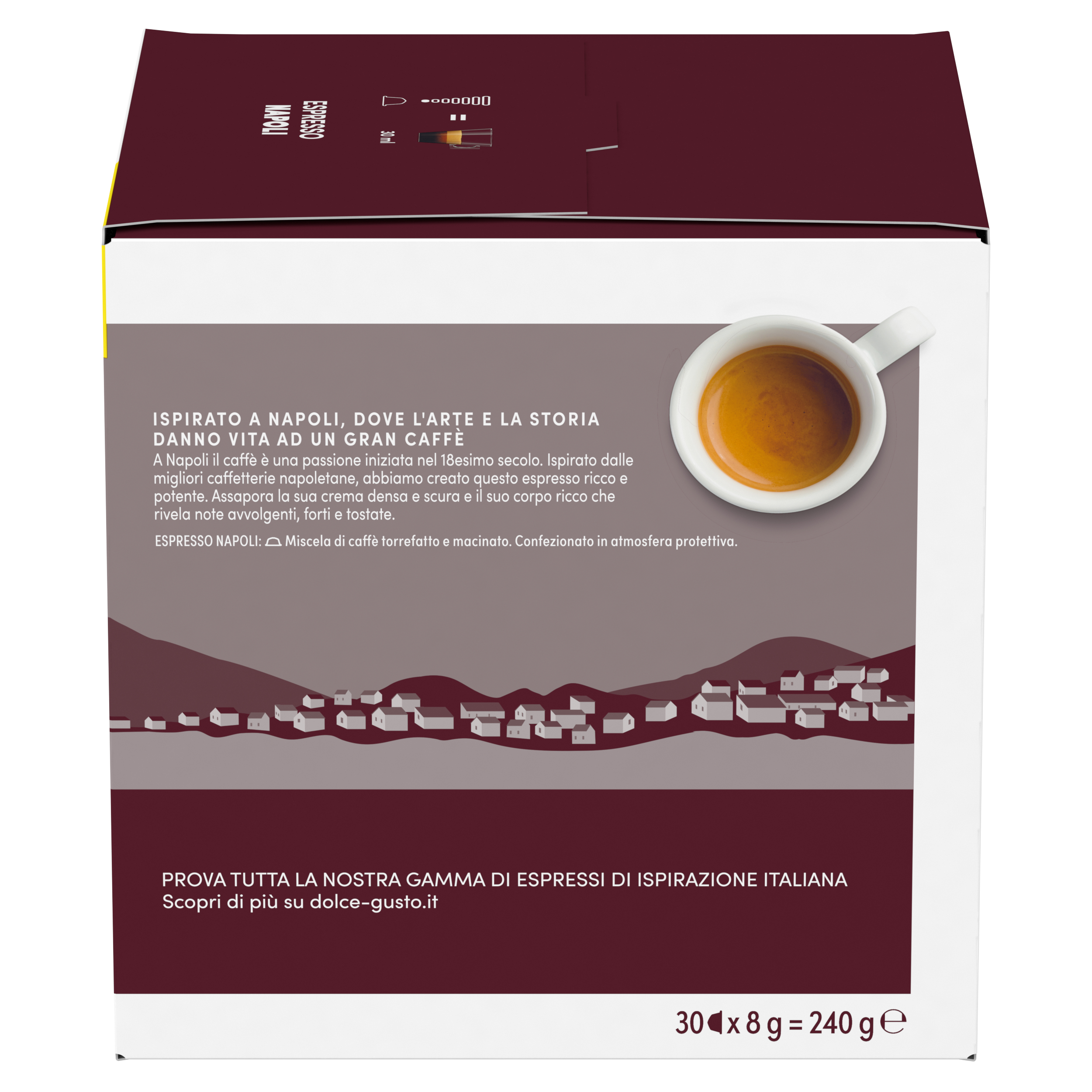 Confezione di espresso con tazza di caffè e vista stilizzata di città.