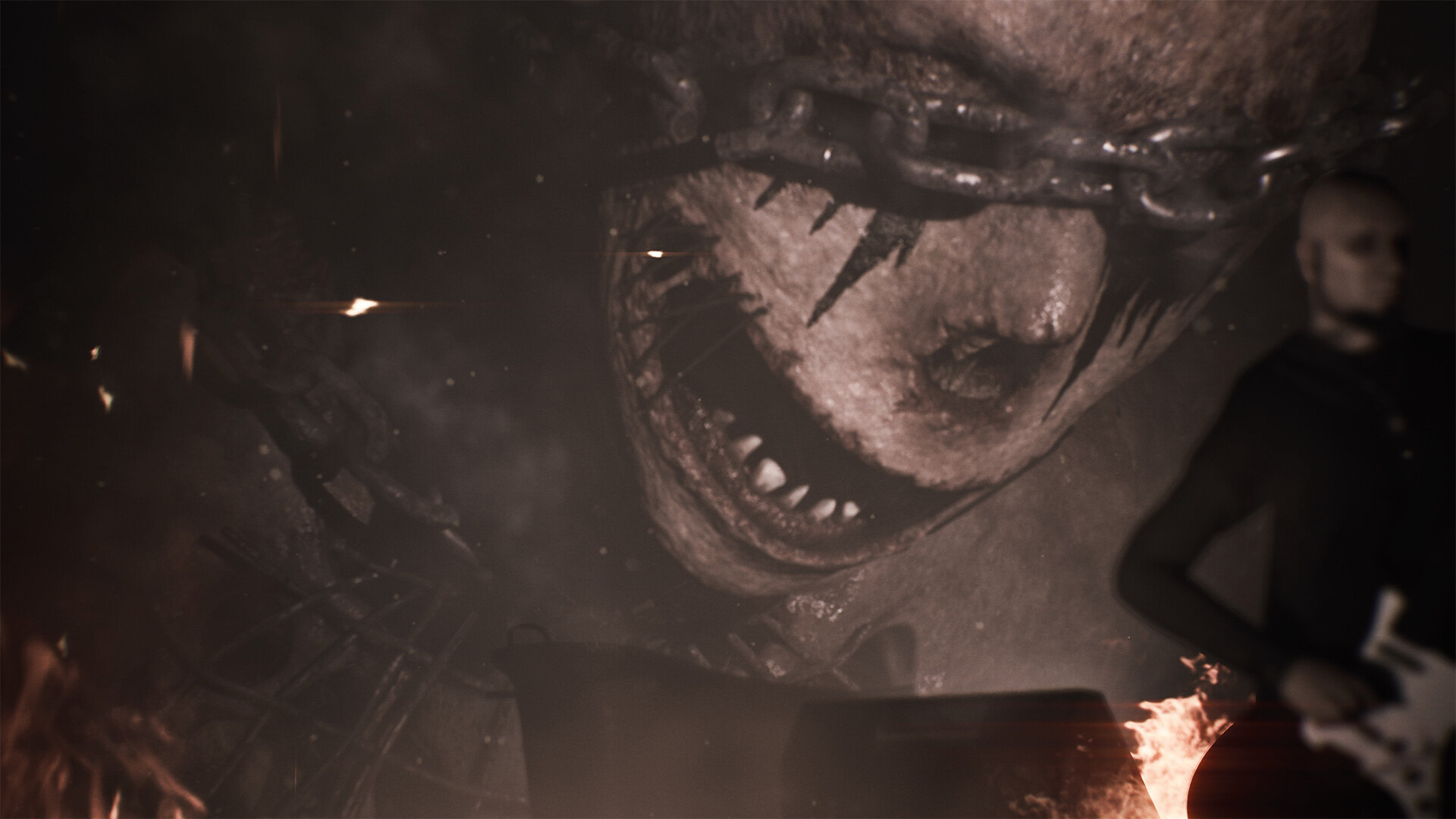 Przerażająca twarz z łańcuchami, mężczyzna z gitarą i płomienie w tle.