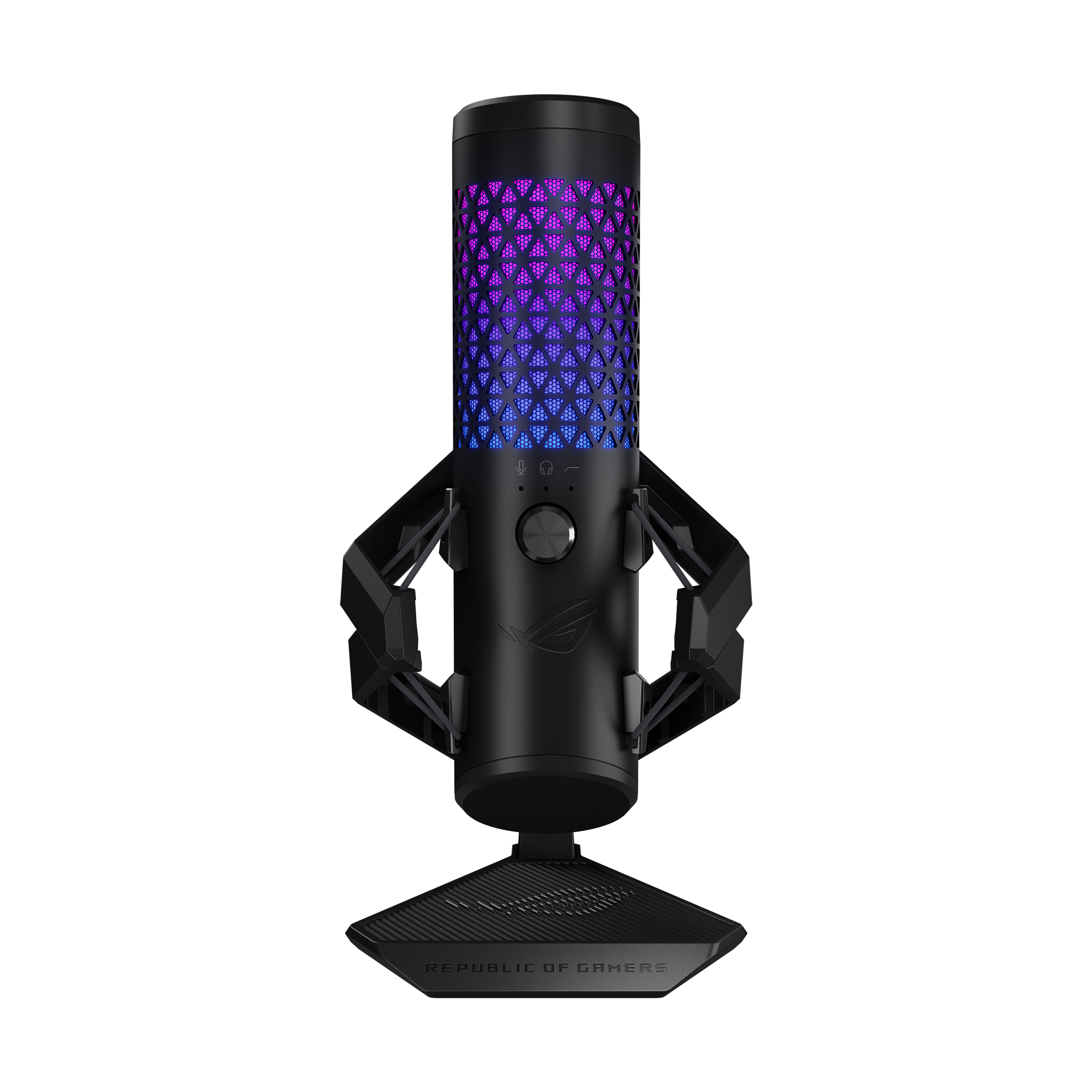 Een zwarte microfoon met RGB-verlichting en driehoekig gaaspatroon.