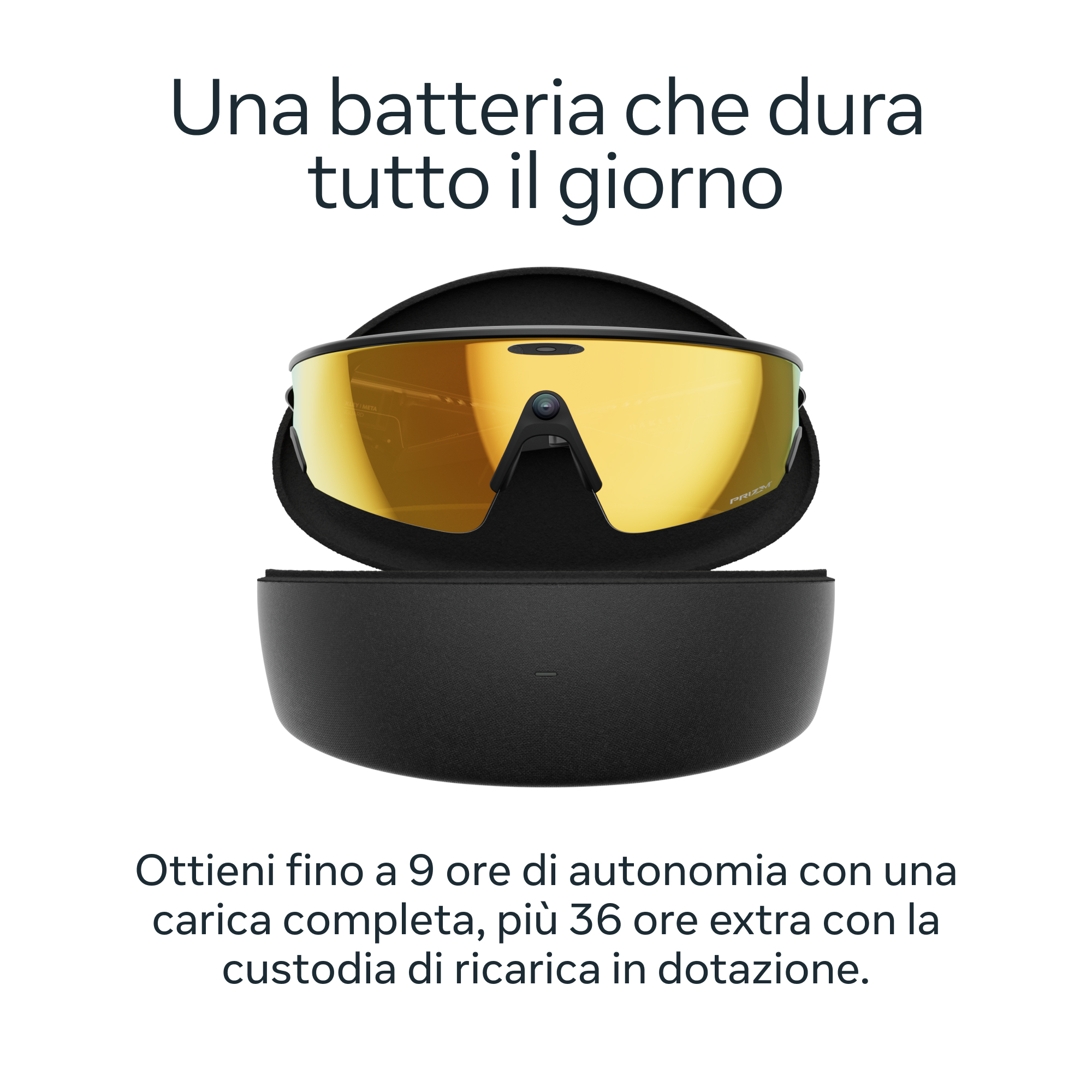 Schwarze Sportbrille mit goldenen Gläsern und Ladeetui.