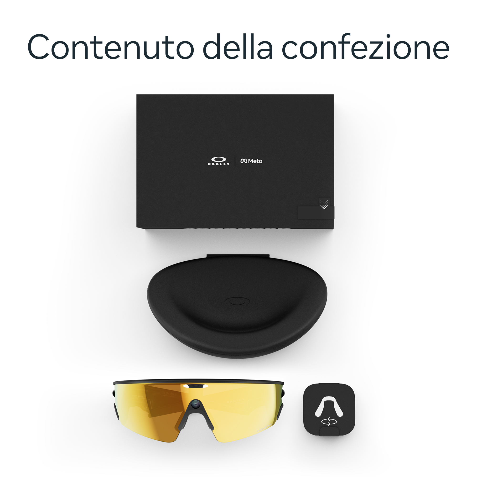 Oakley-Meta Produktpaket: Sonnenbrille, Etui und Zubehör.