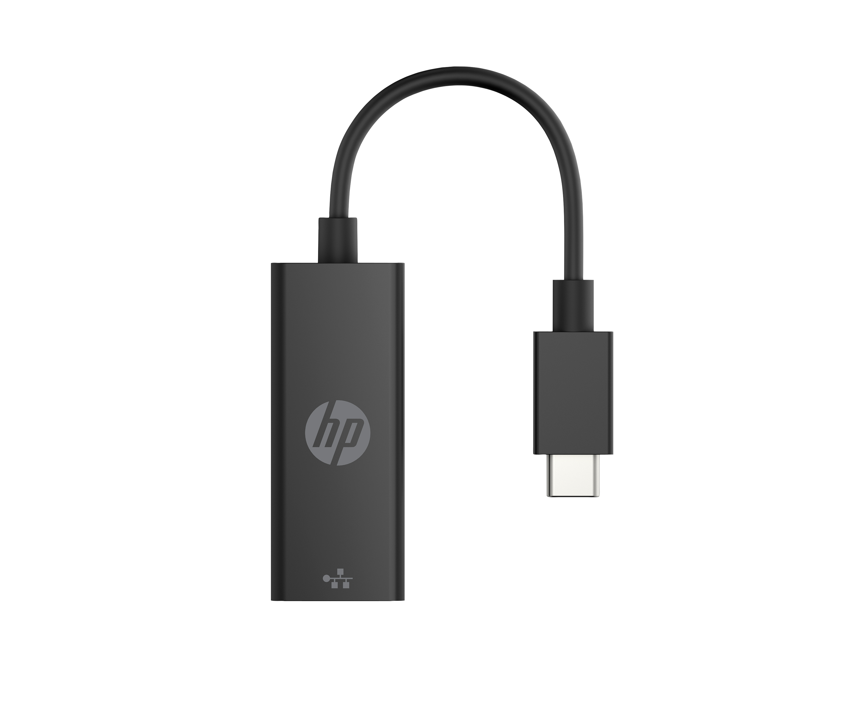 Adattatore HP USB-C nero con cavo e connettore USB-C.