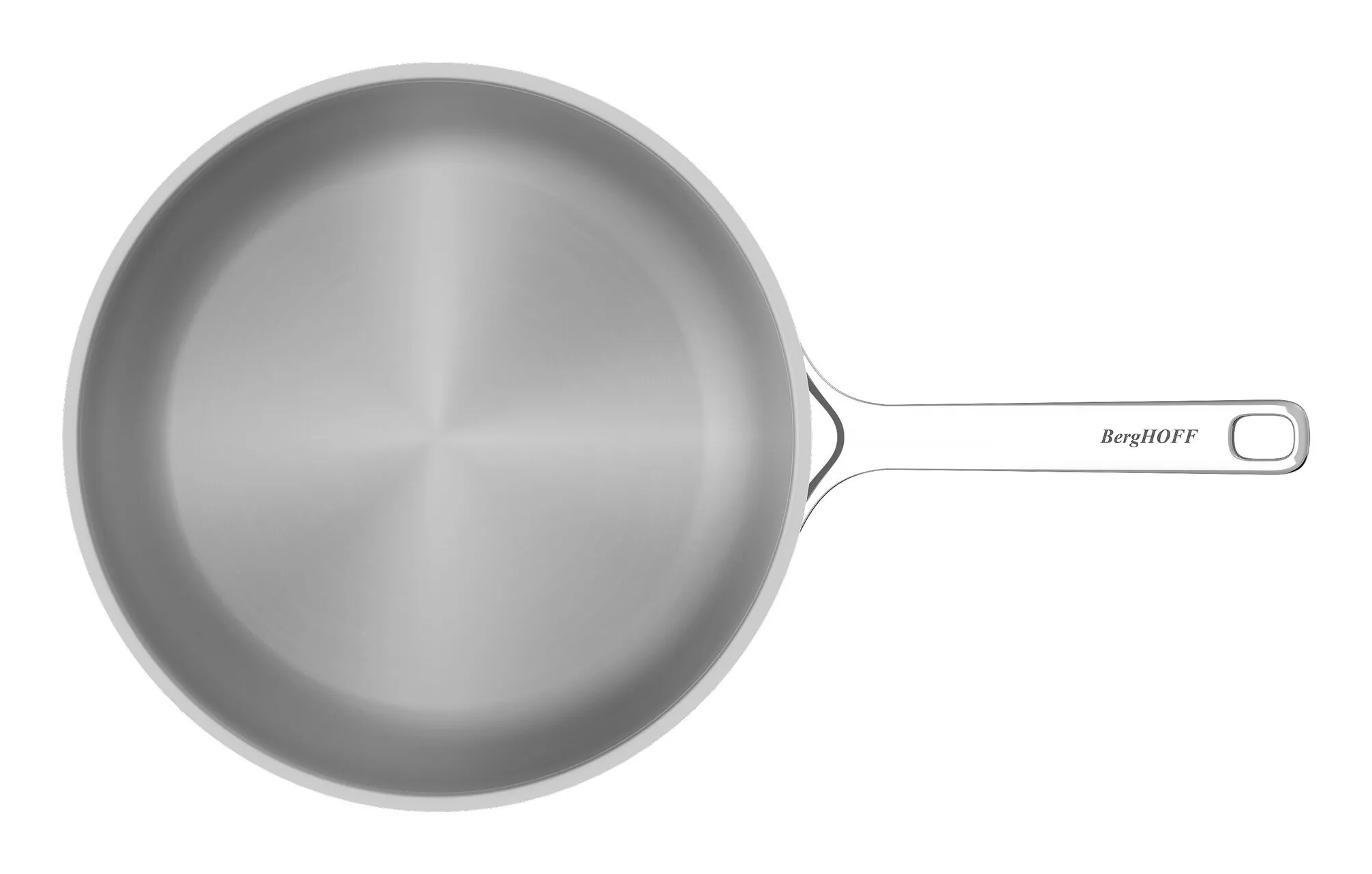 A silver frying pan with BergHOFF logo and a hook on the handle.
