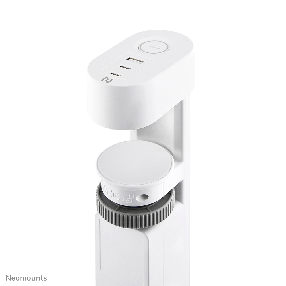 Supporto bianco con porte USB e meccanismo di blocco.