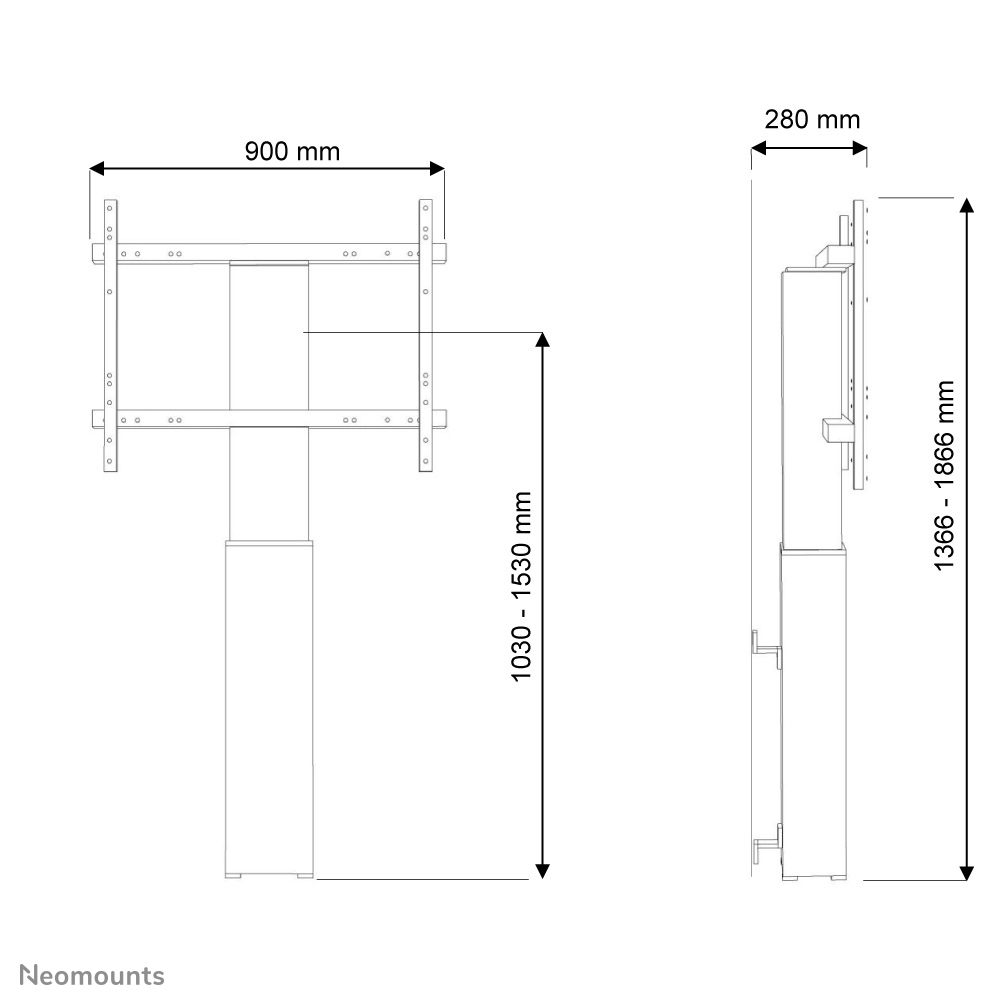 Disegno tecnico di un supporto TV regolabile con dimensioni.