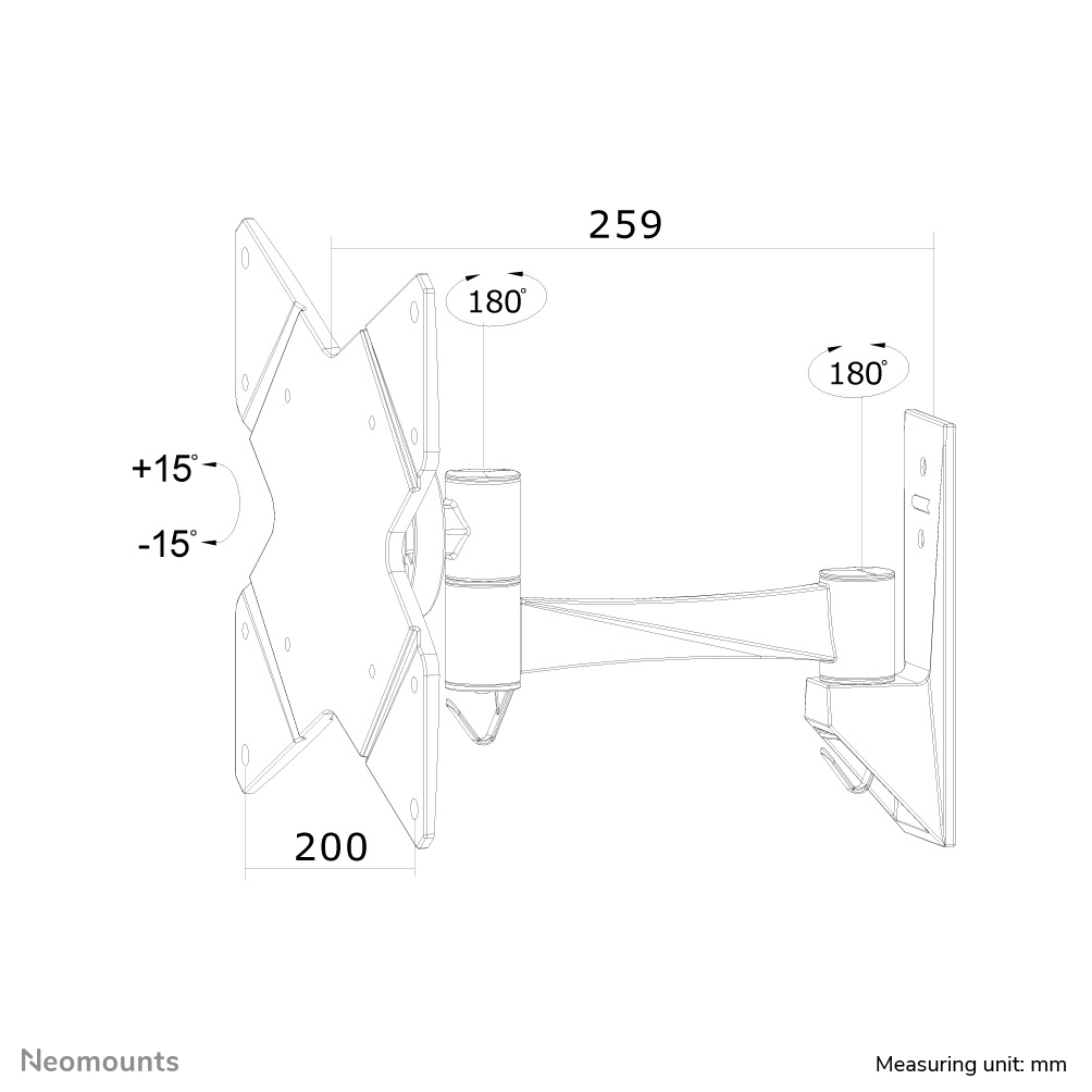 Technische tekening van een zwenkbare wandmontage met afmetingen.
