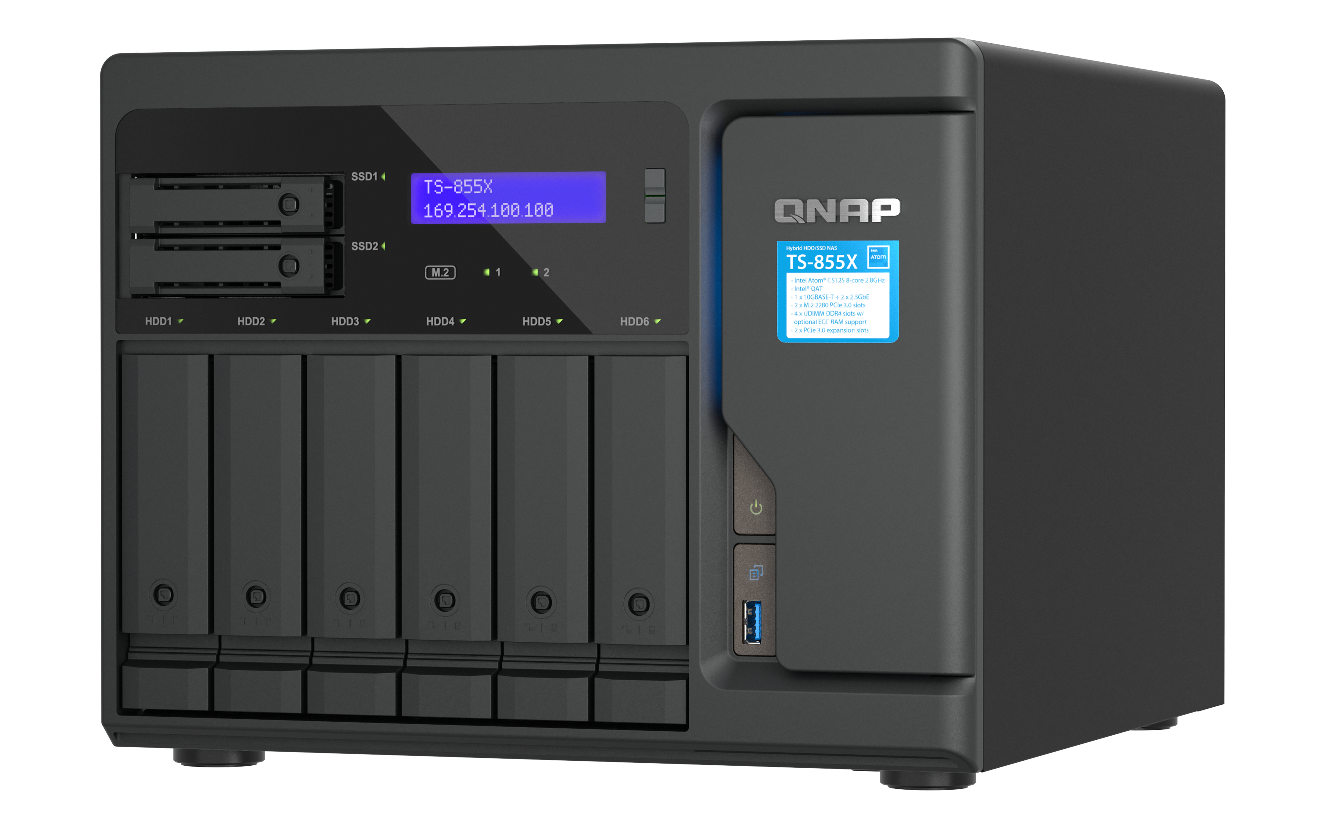 Dispositivo NAS QNAP negro con 6 bahías, 2 ranuras SSD y ranuras M.2.