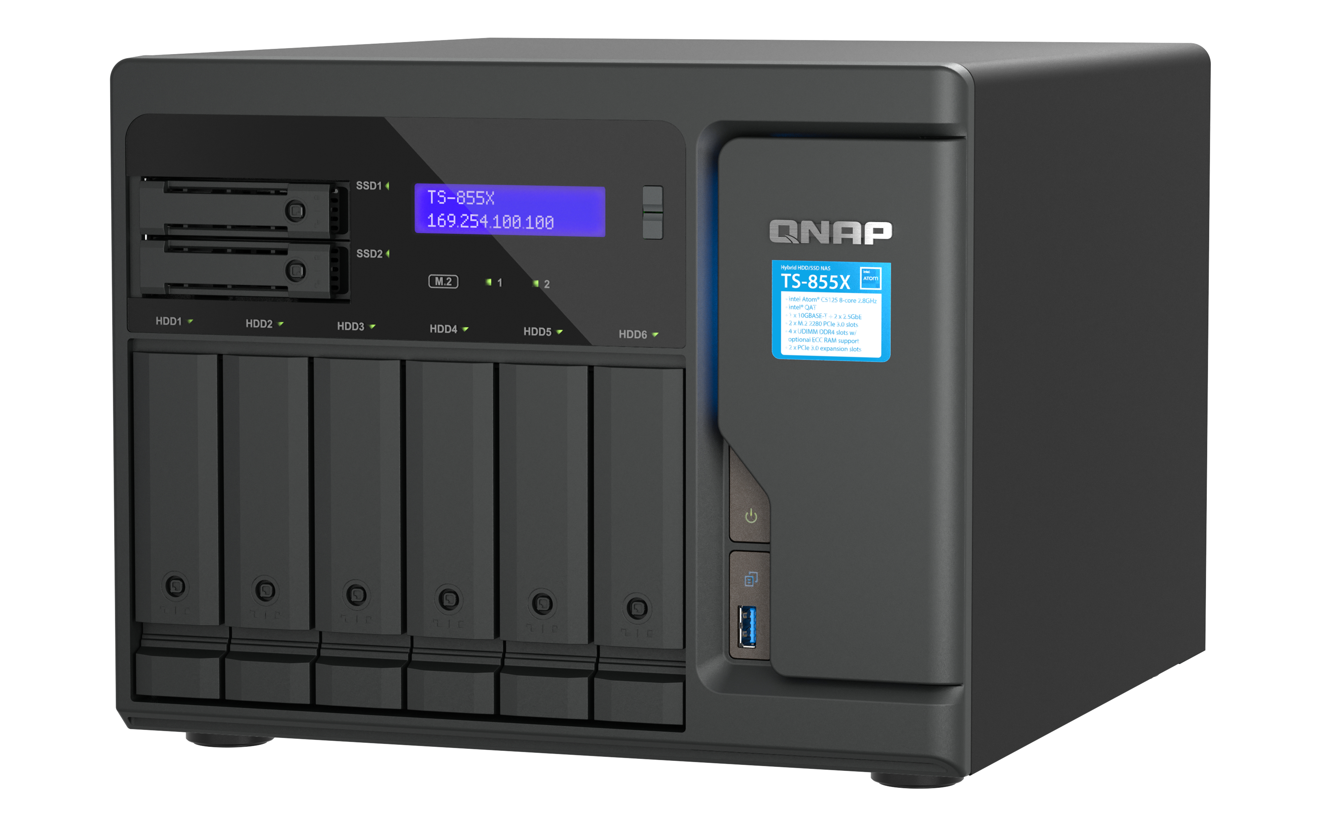 Un dispositivo NAS QNAP negro con 6 bahías, 2 bahías SSD y pantalla LCD.