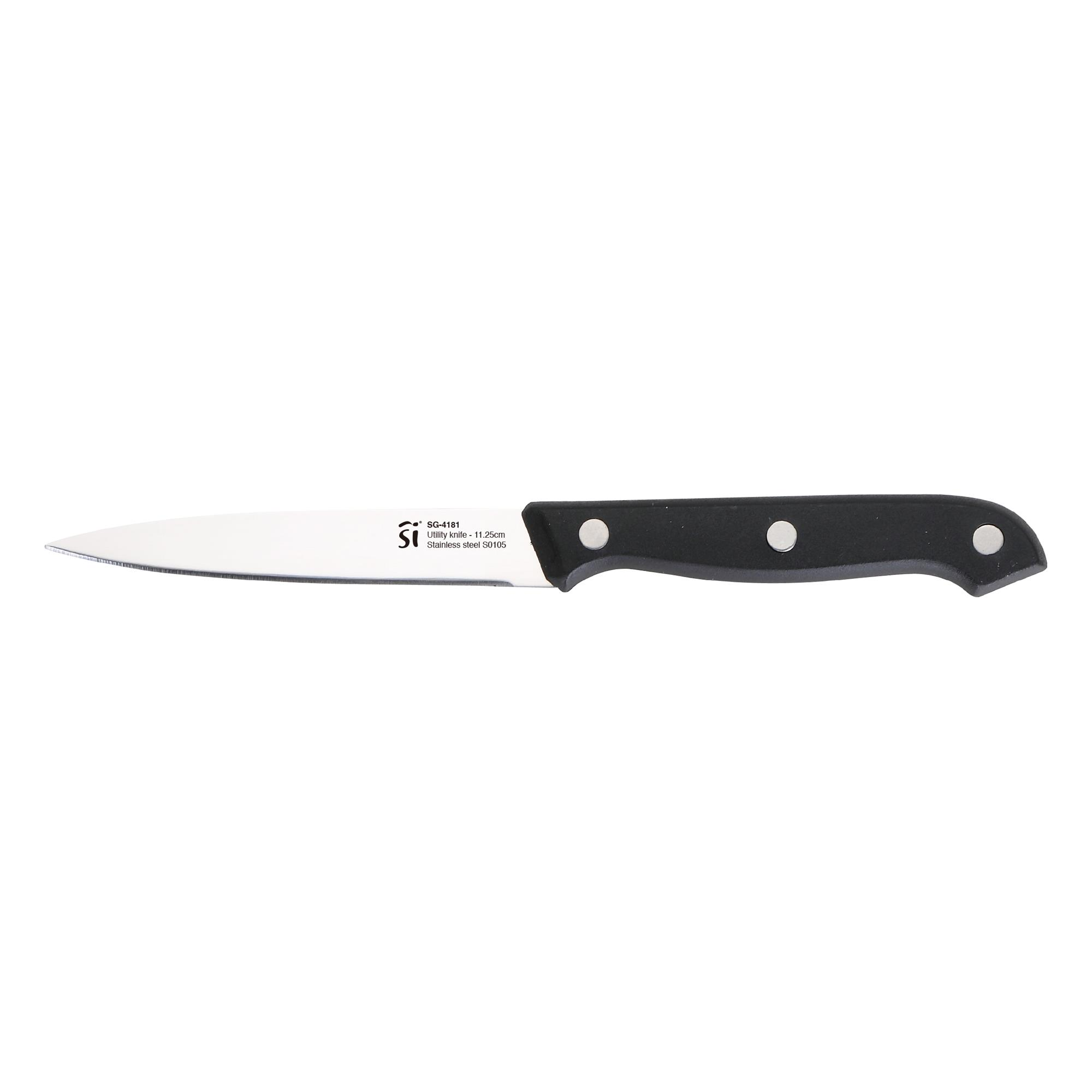 Un mango de cuchillo negro con hoja de acero inoxidable pulida y marca.