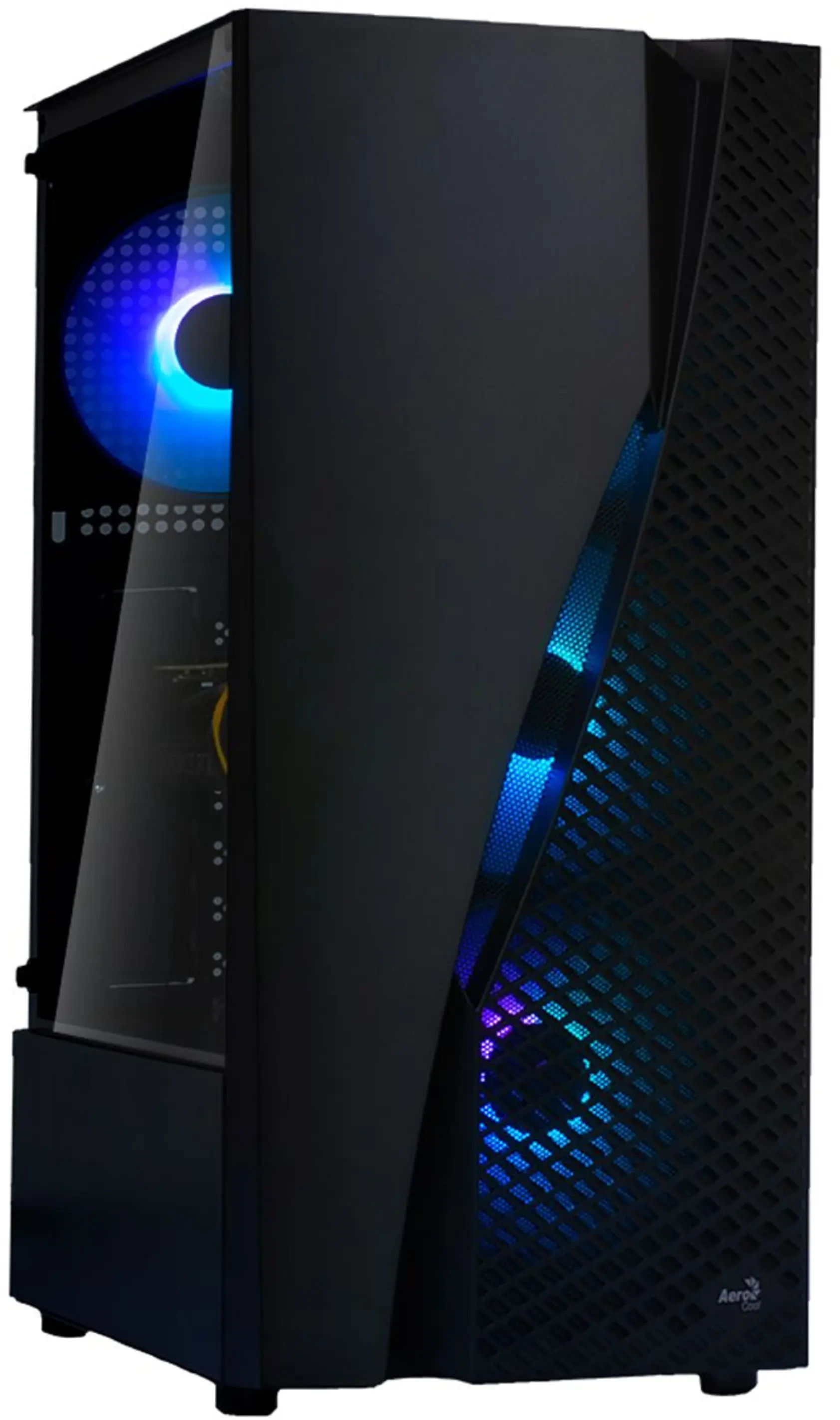 Een zwarte pc-toren met glazen zijpaneel met blauwe LED-ventilatoren.