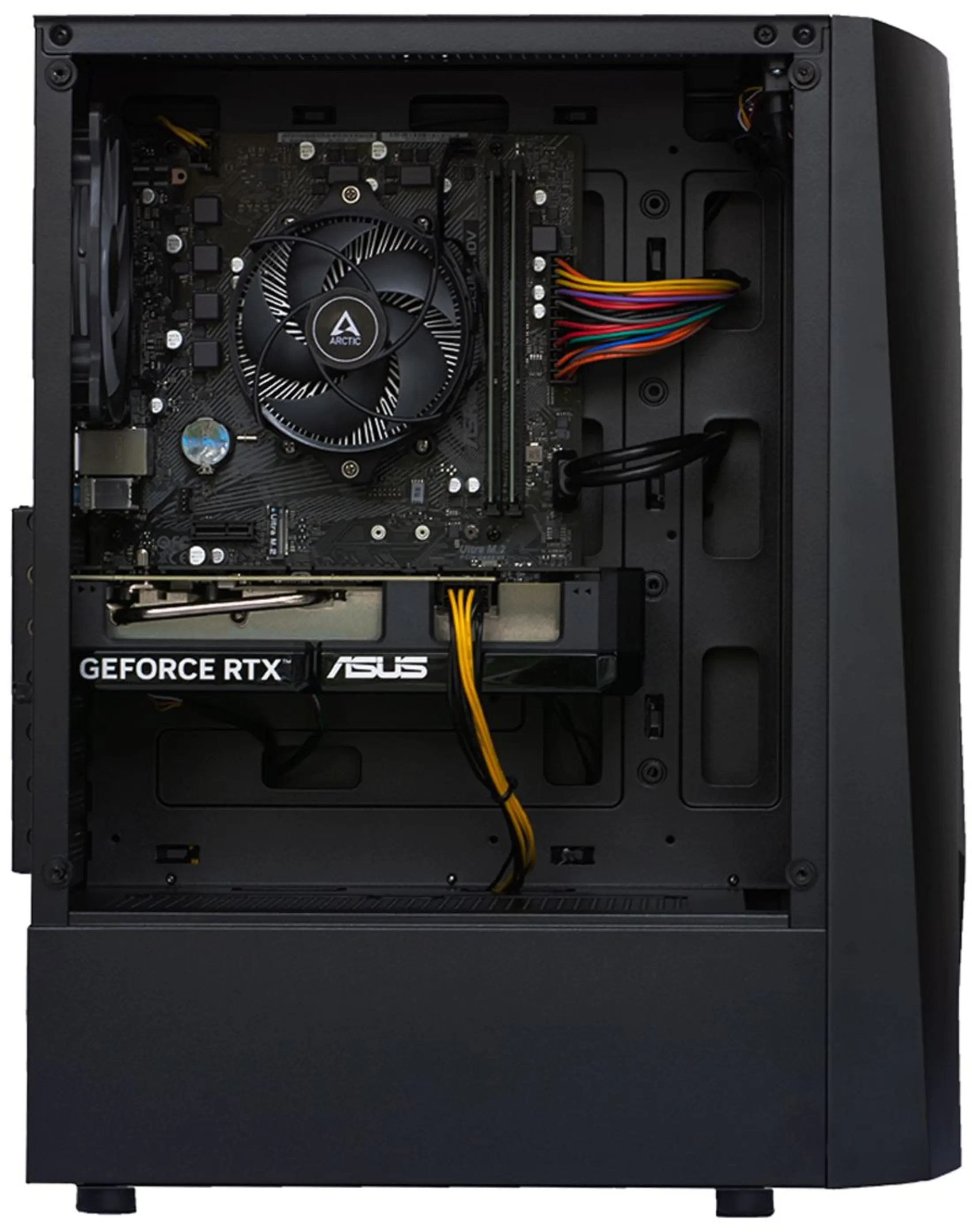 Binnenaanzicht van een zwarte pc-behuizing met moederbord, ventilator, grafische kaart en kabels.