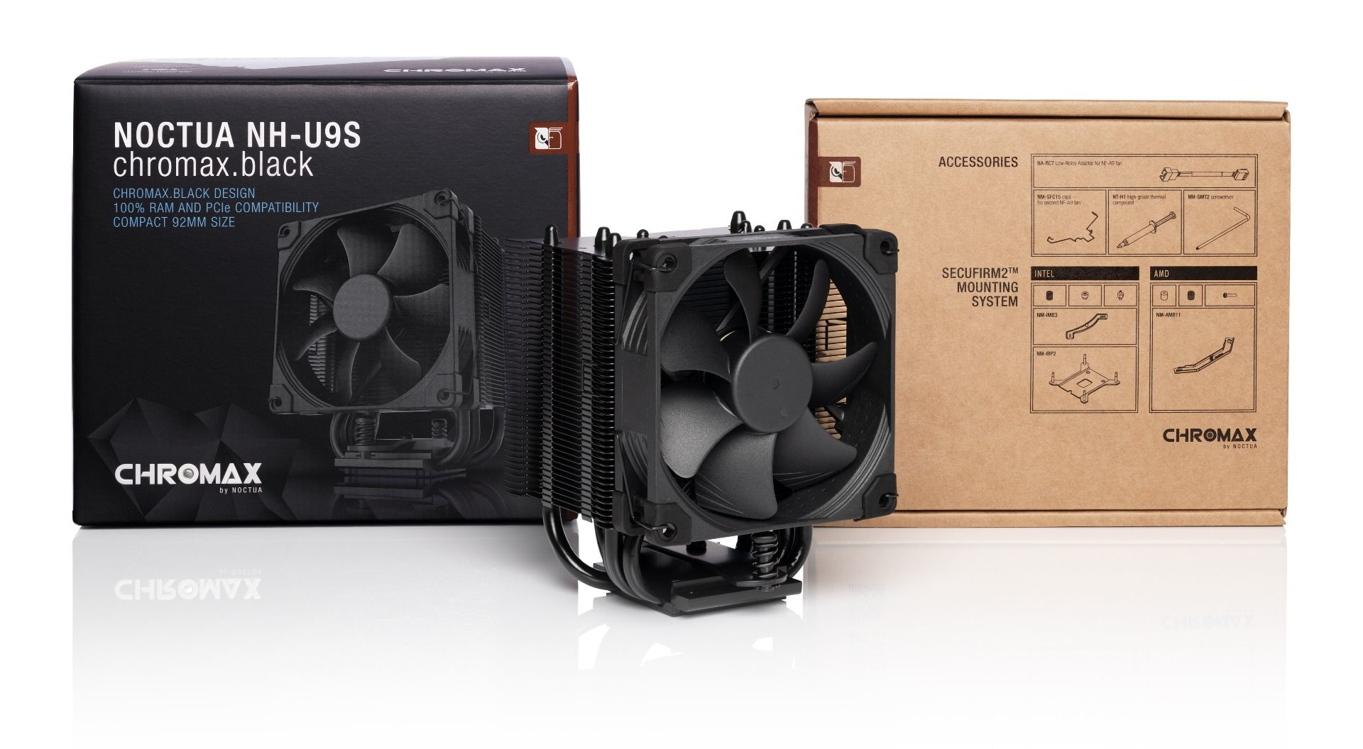 Dissipatore CPU Noctua nero con ventola e scatola accessori.