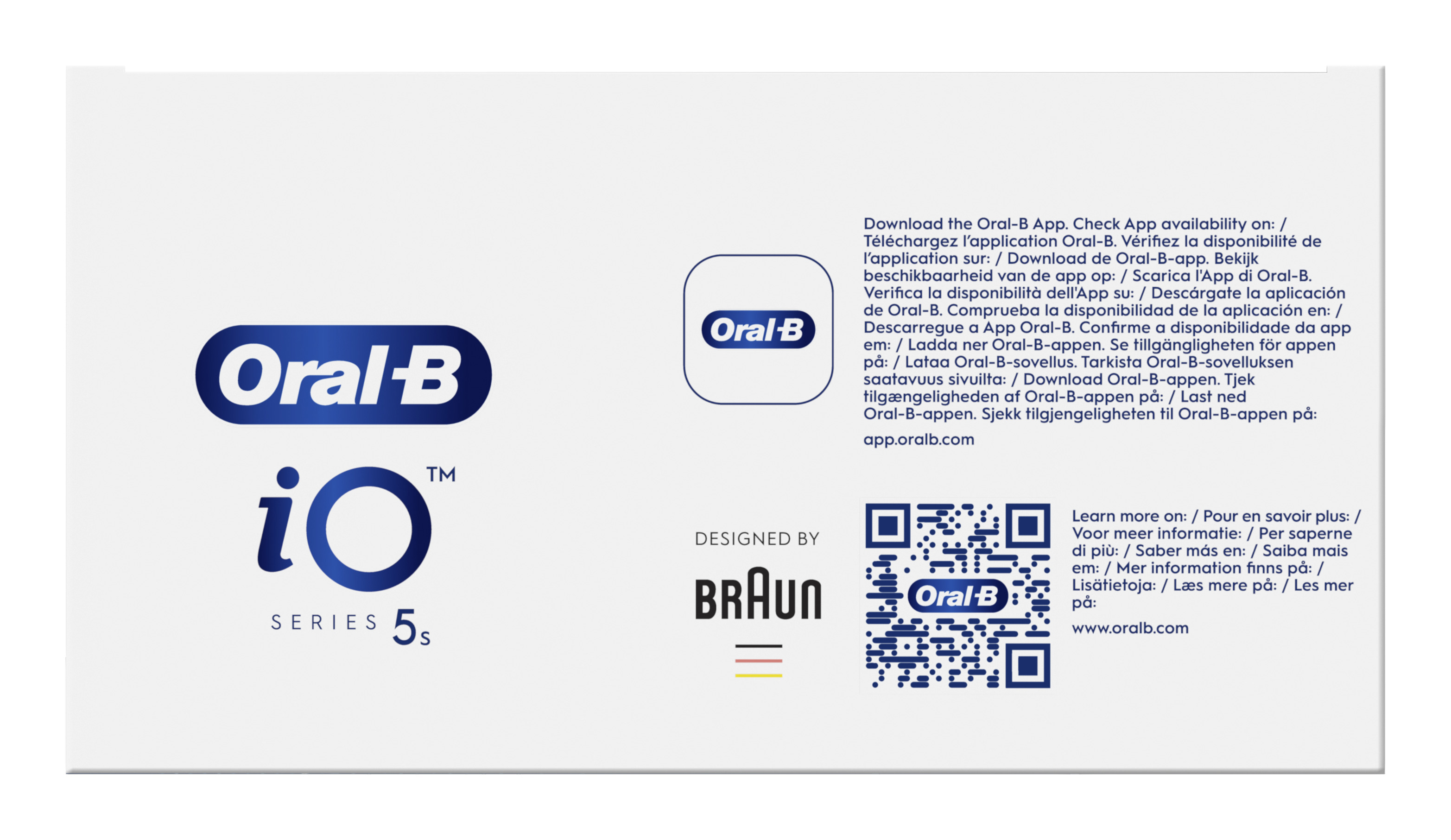 Spazzolino Oral-B iO Serie 5s con logo Braun e codice QR.