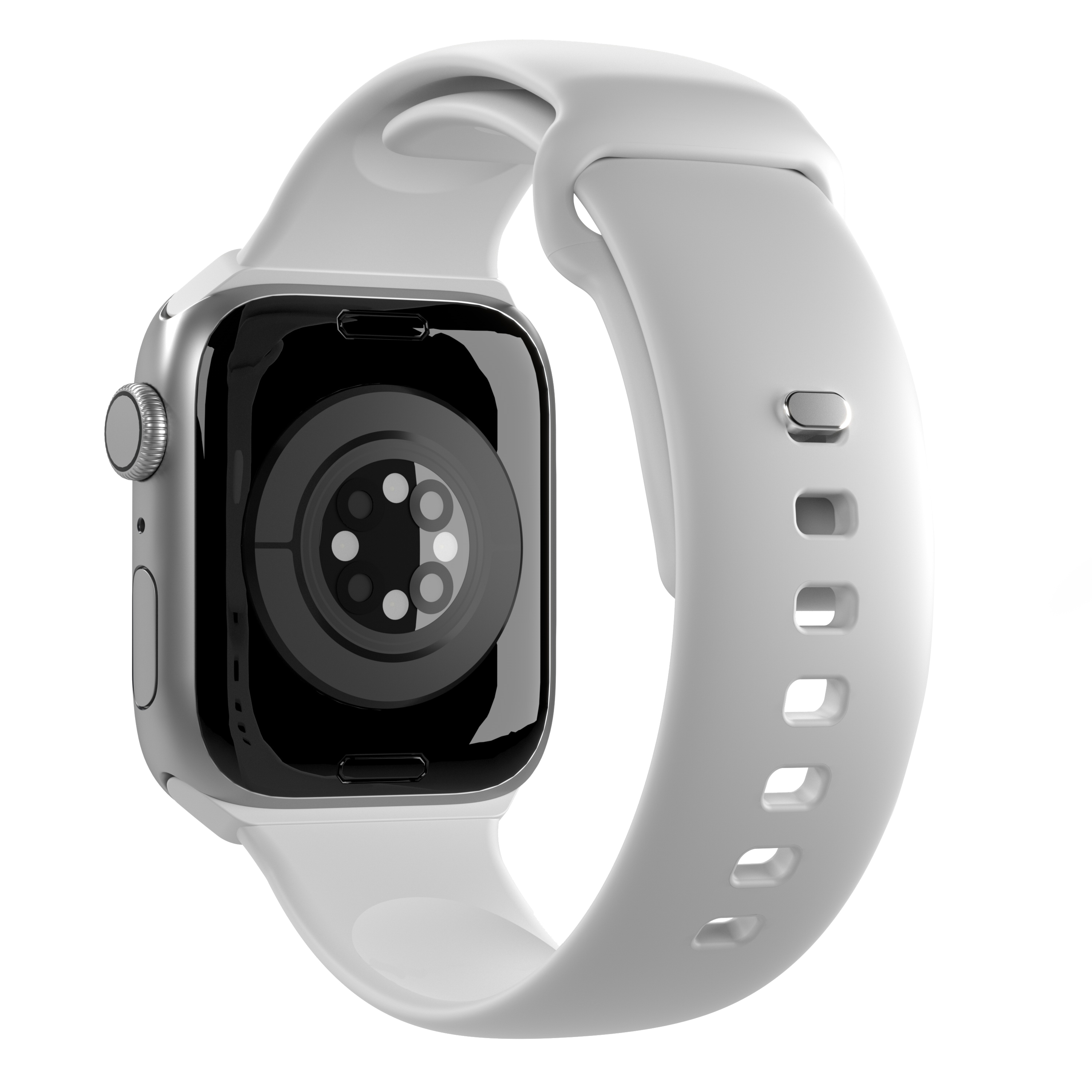 Una caja de smartwatch plateada con correa blanca sobre fondo blanco.