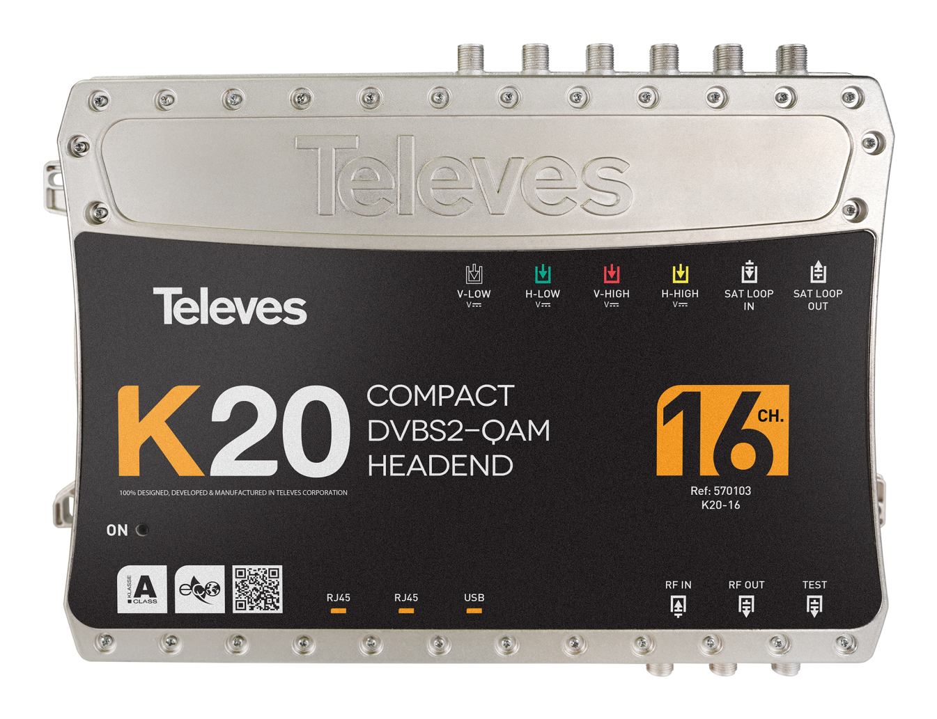 Televes K20 Headend Compact DVB-S2-QAM con 16 canali e porte.