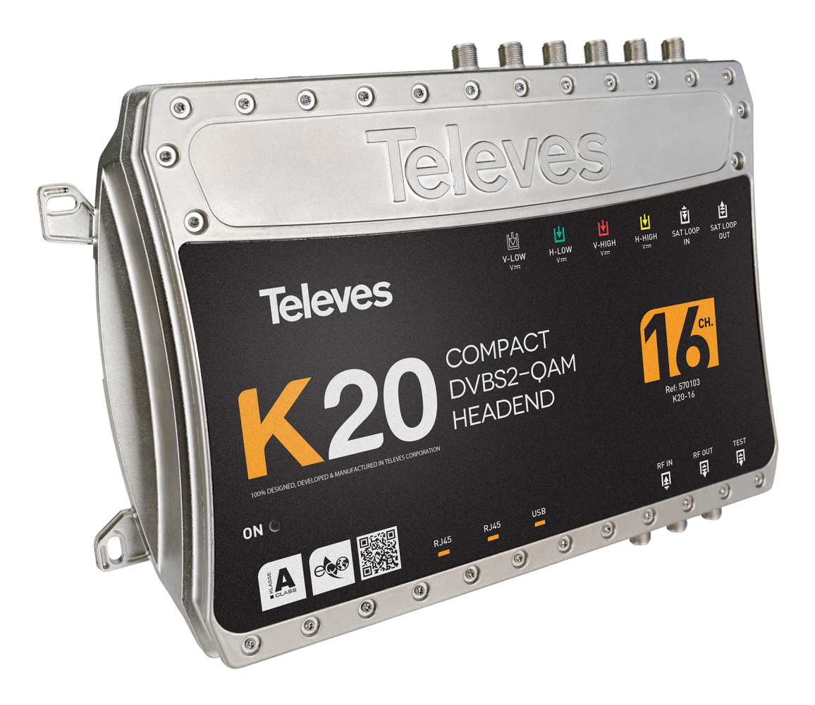 Dispositivo headend Televes K20 DVB-S2-QAM argentato con connettori multipli.