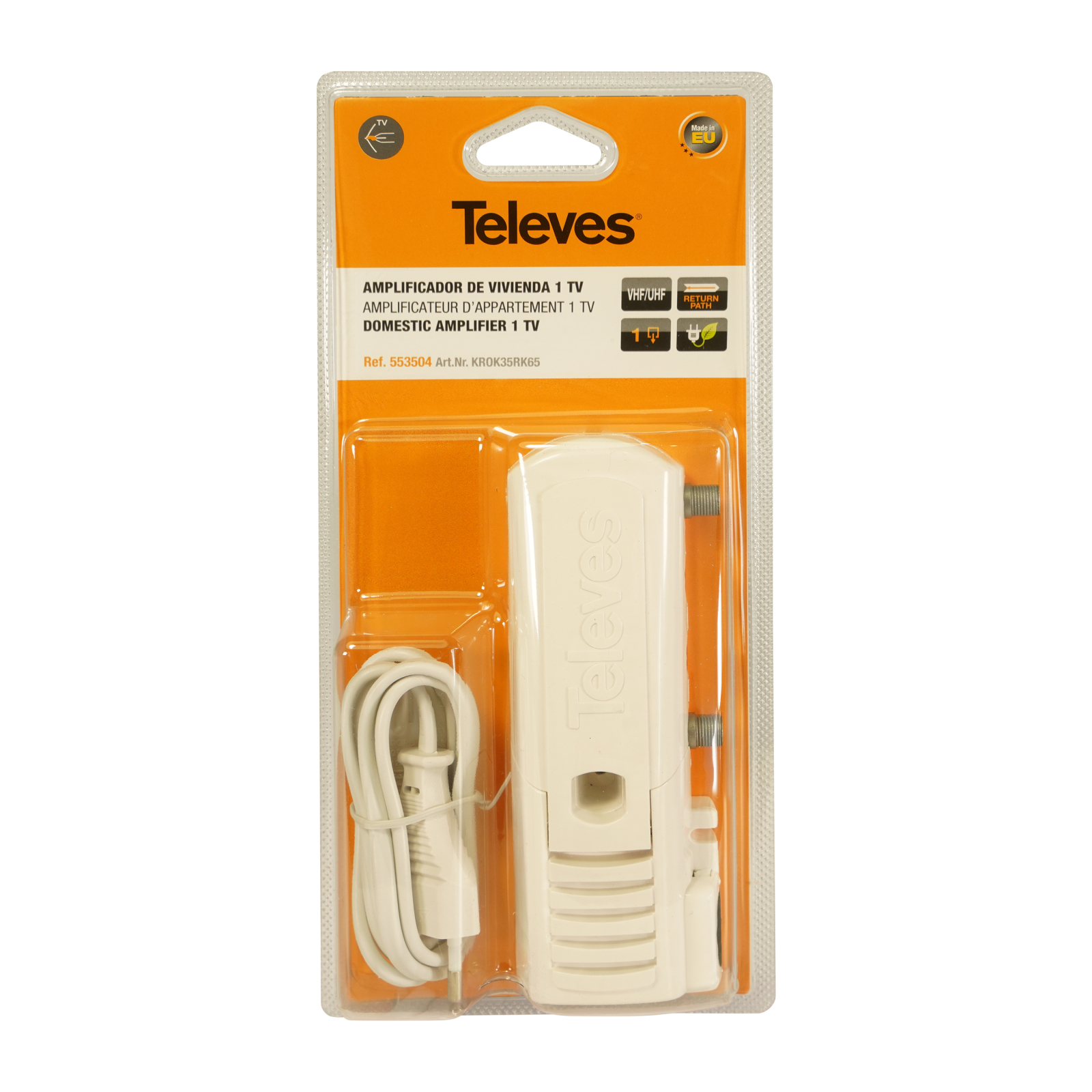 Amplificatore TV Televes bianco confezionato con cavo e spina.