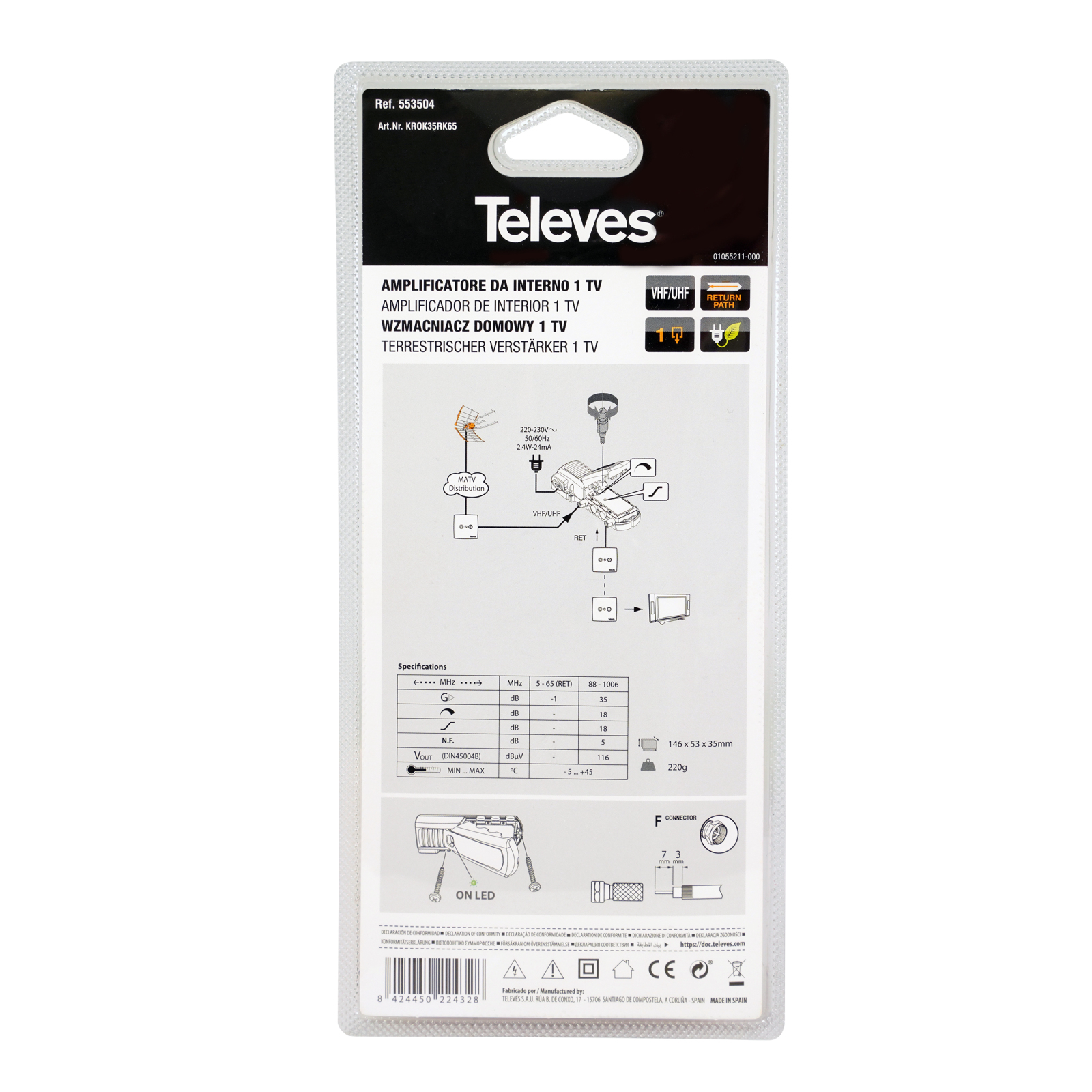Confezione di un amplificatore TV Televes con schema elettrico e specifiche.