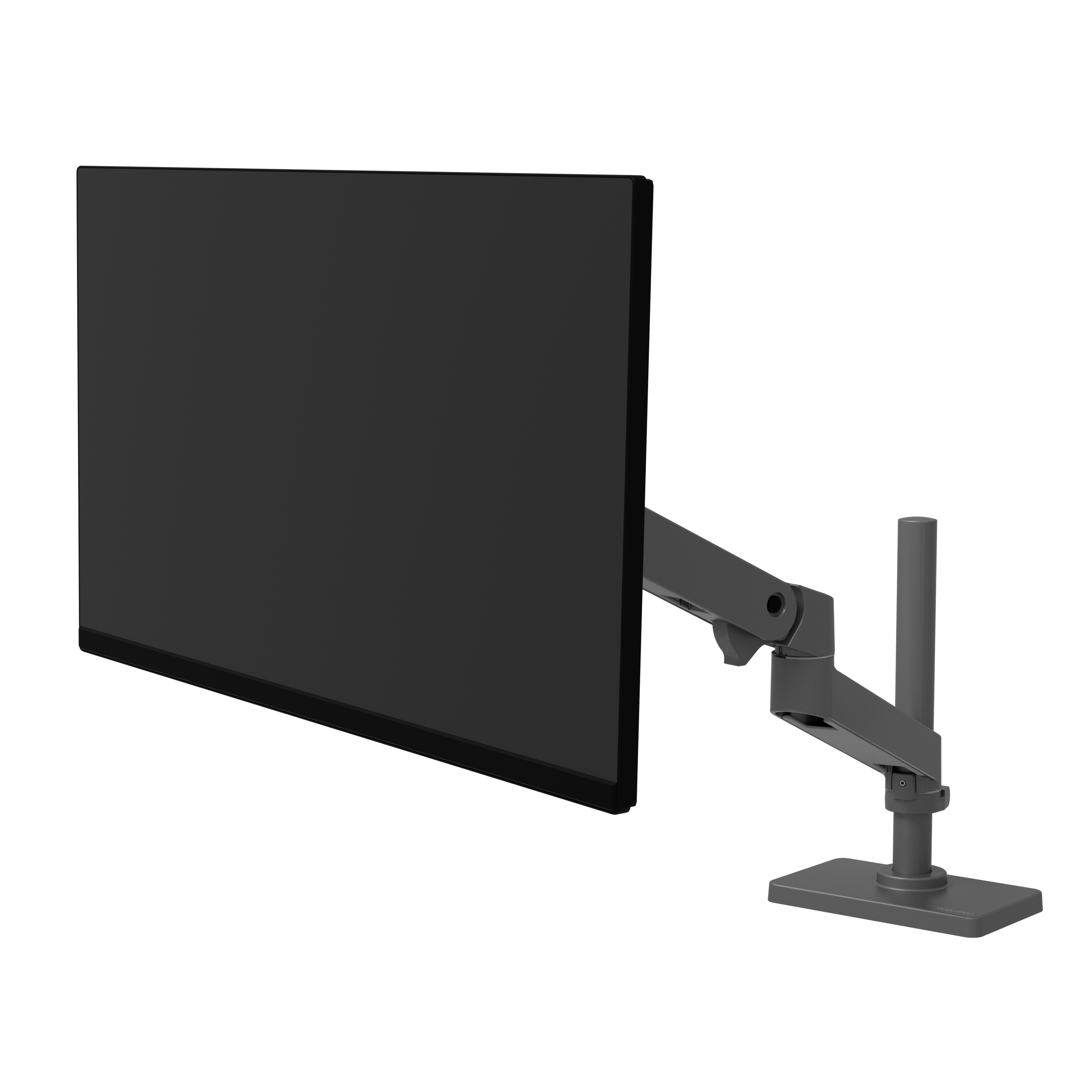Un monitor grigio su un supporto a braccio articolato poggia su una base piatta.