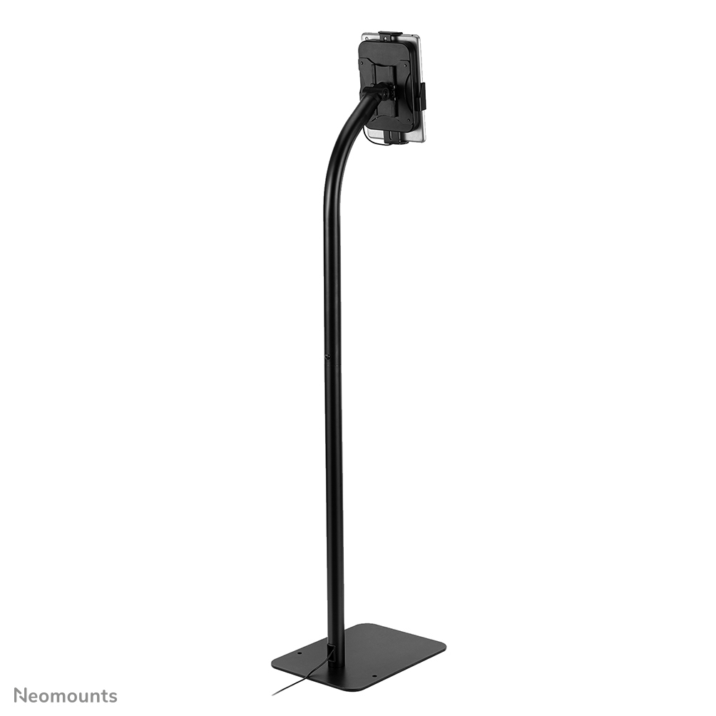 Support noir pour tablette avec bras flexible et base rectangulaire.