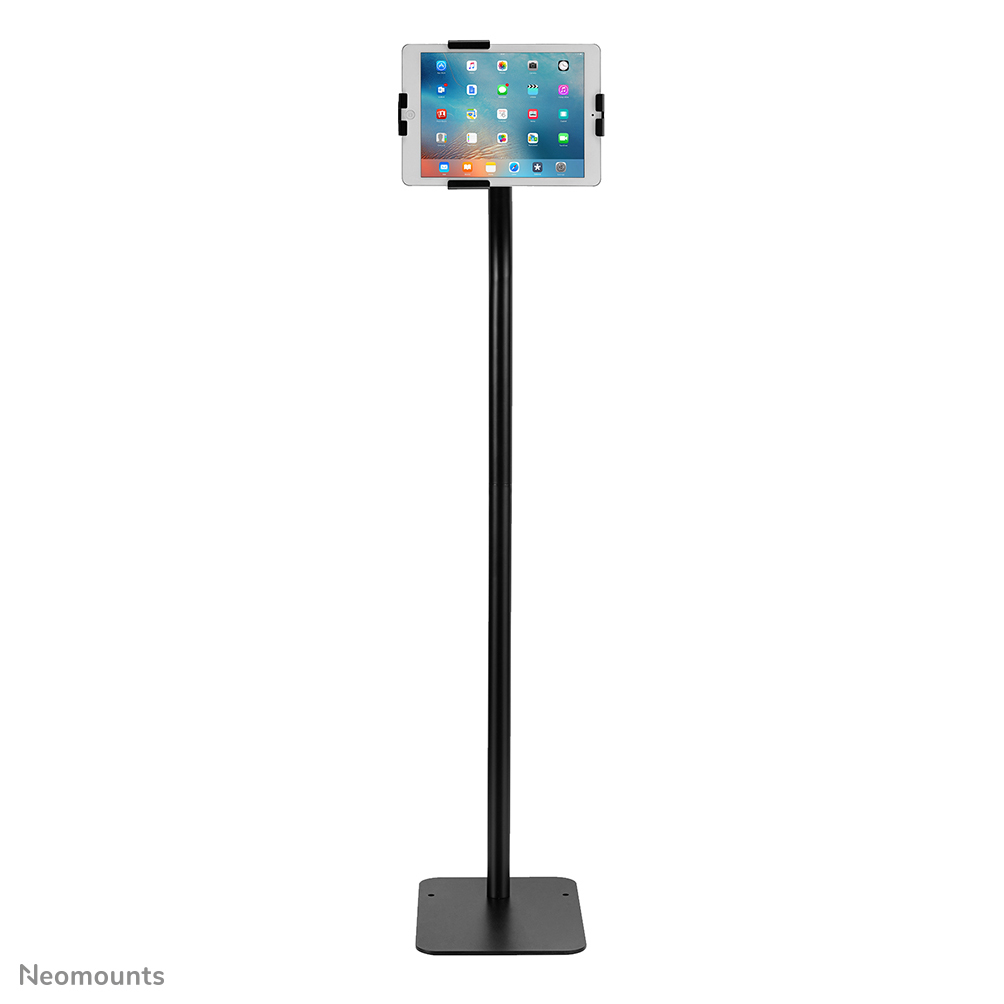 Un support noir pour iPad avec une base et un poteau rectangulaires.