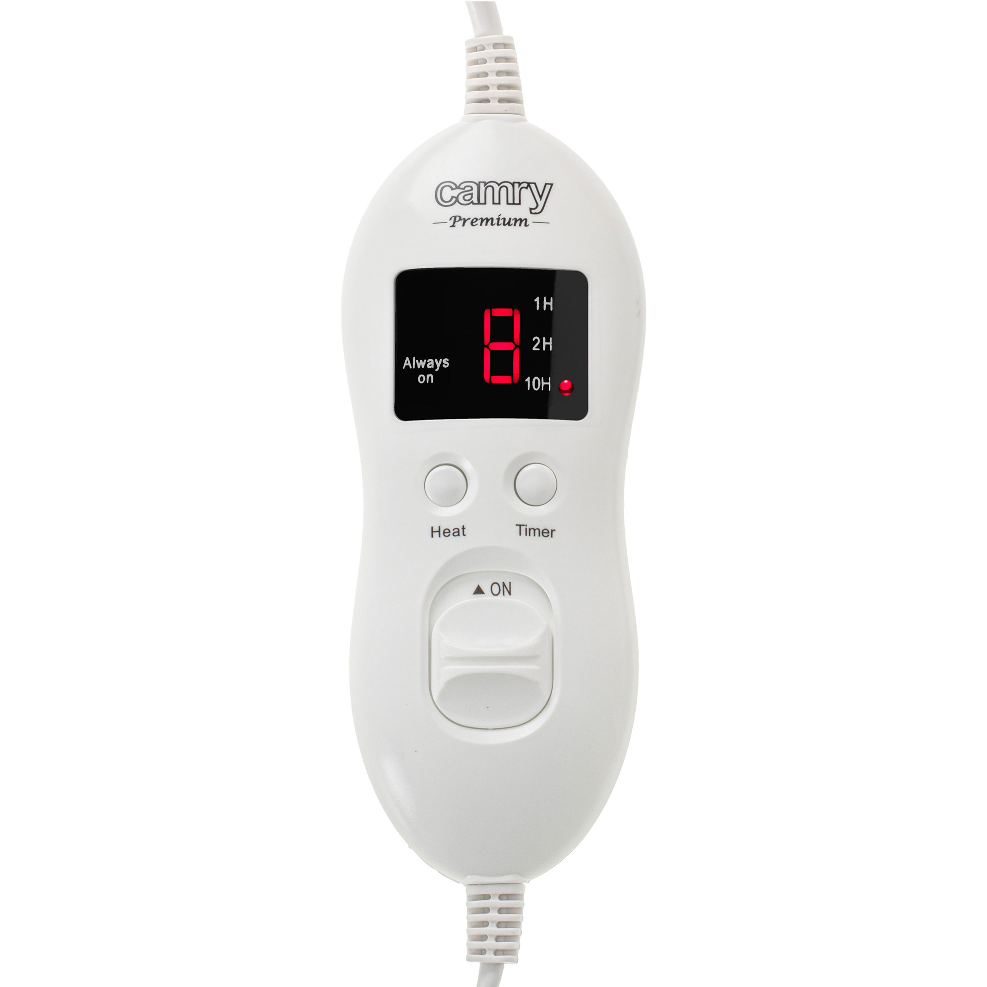 Un controlador de calefacción eléctrico blanco con pantalla digital roja y botones.