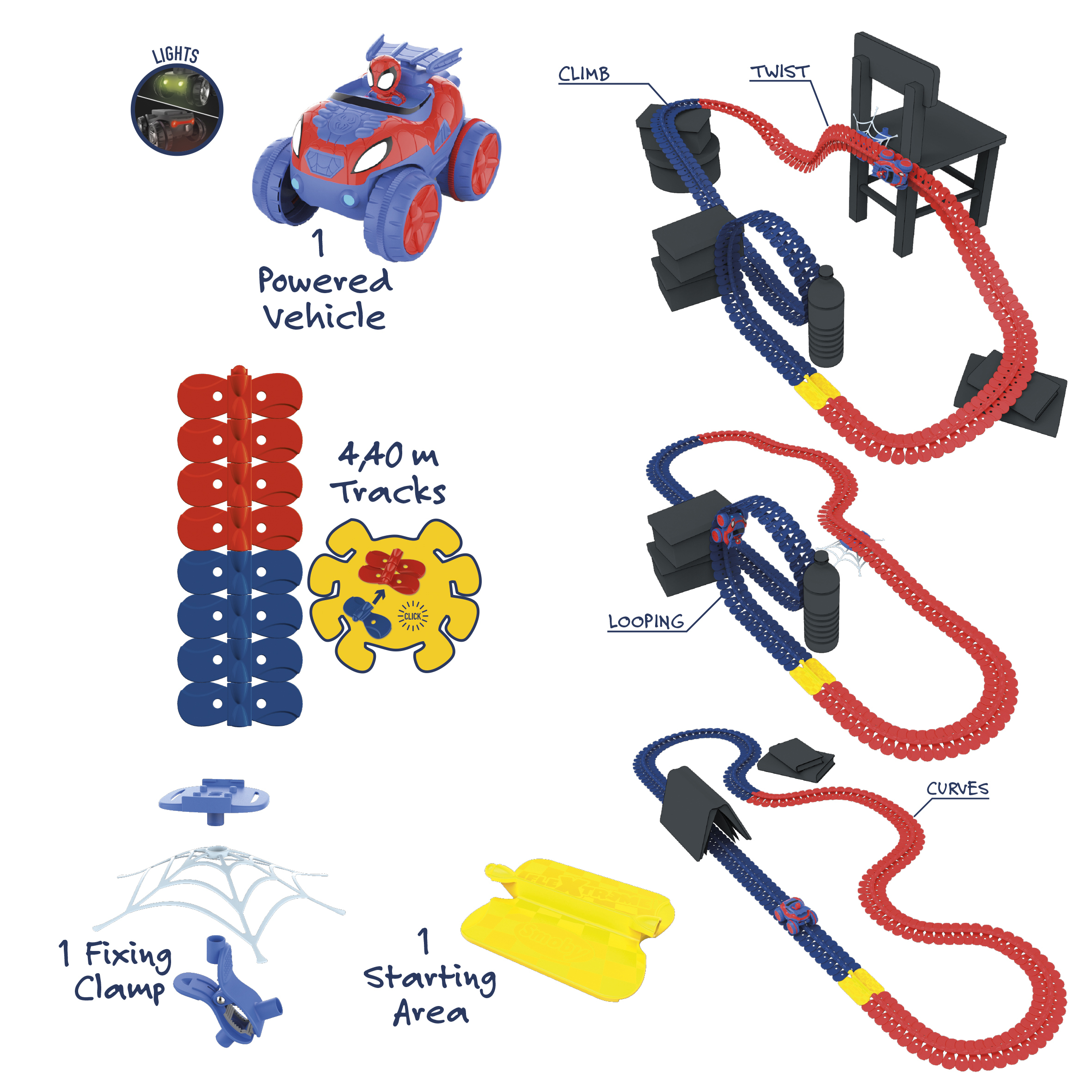 Macchinina giocattolo di Spider-Man con piste da corsa, morsetto e area di partenza.