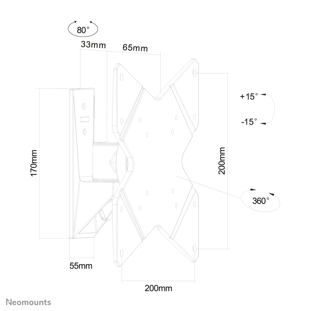 Disegno tecnico di un supporto a muro con dimensioni e angoli.