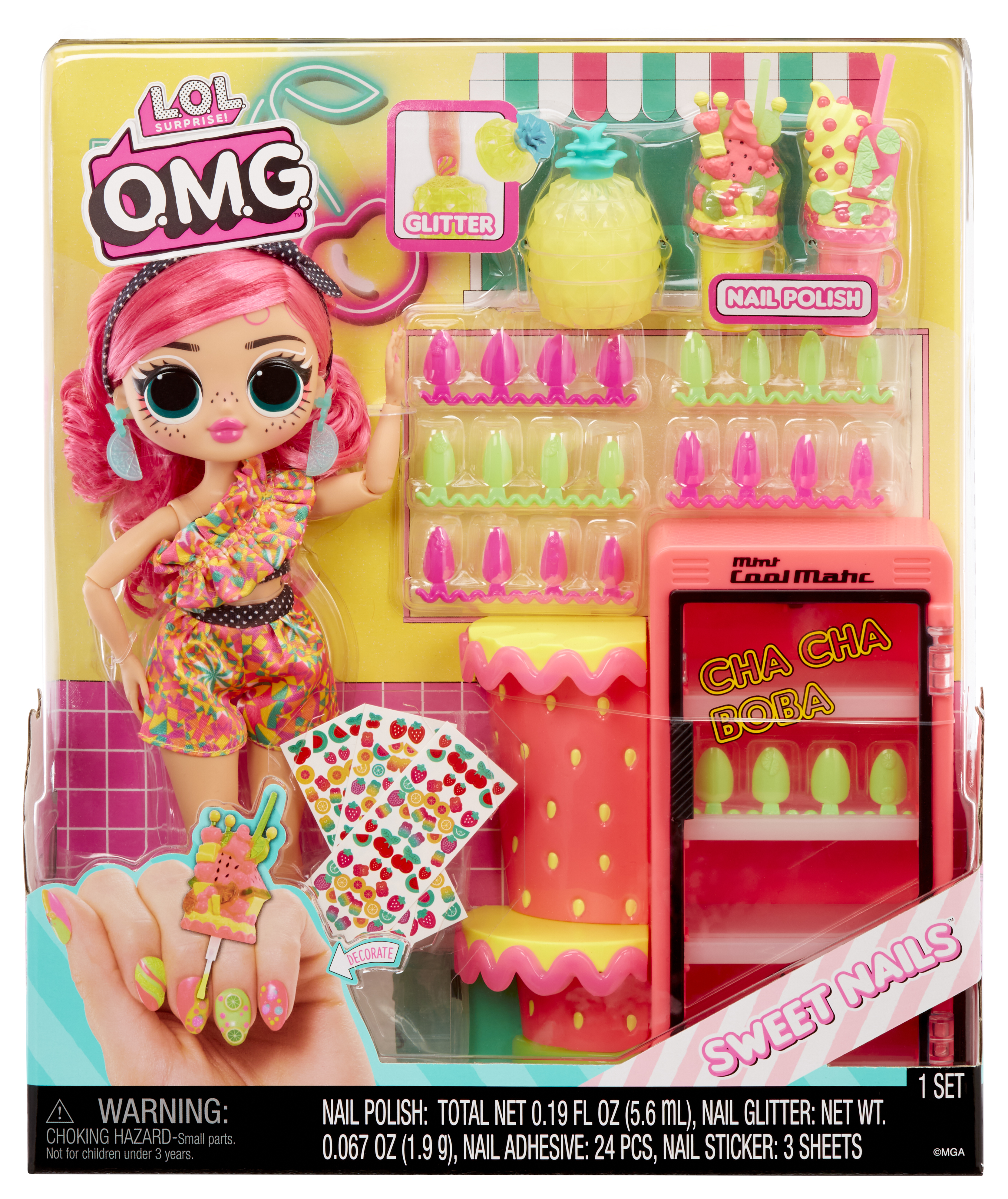 Set bambola LOL OMG con smalto, glitter e adesivi in confezione colorata.