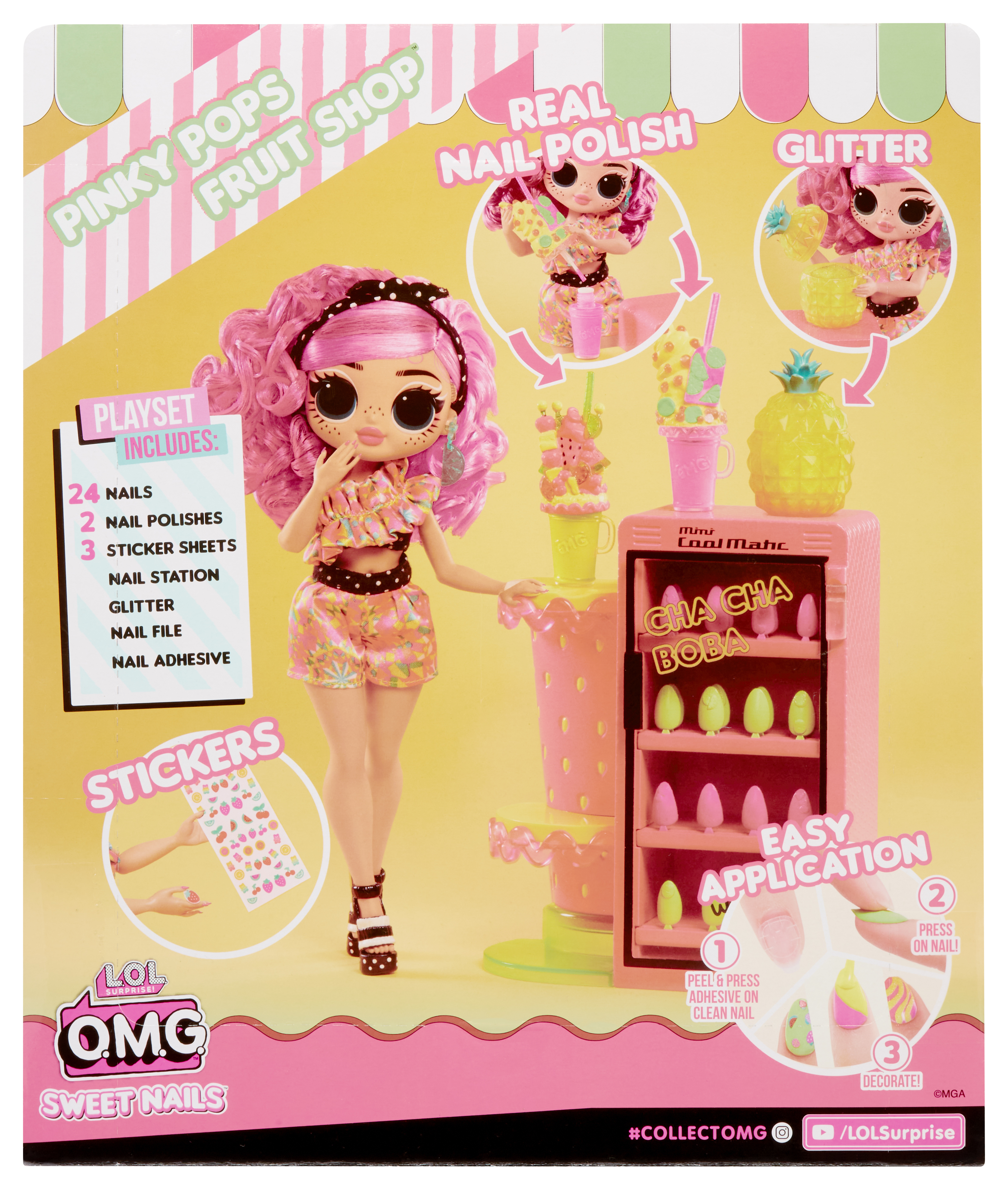 Bambola LOL OMG con capelli rosa, playset con stazione unghie, adesivi e istruzioni.