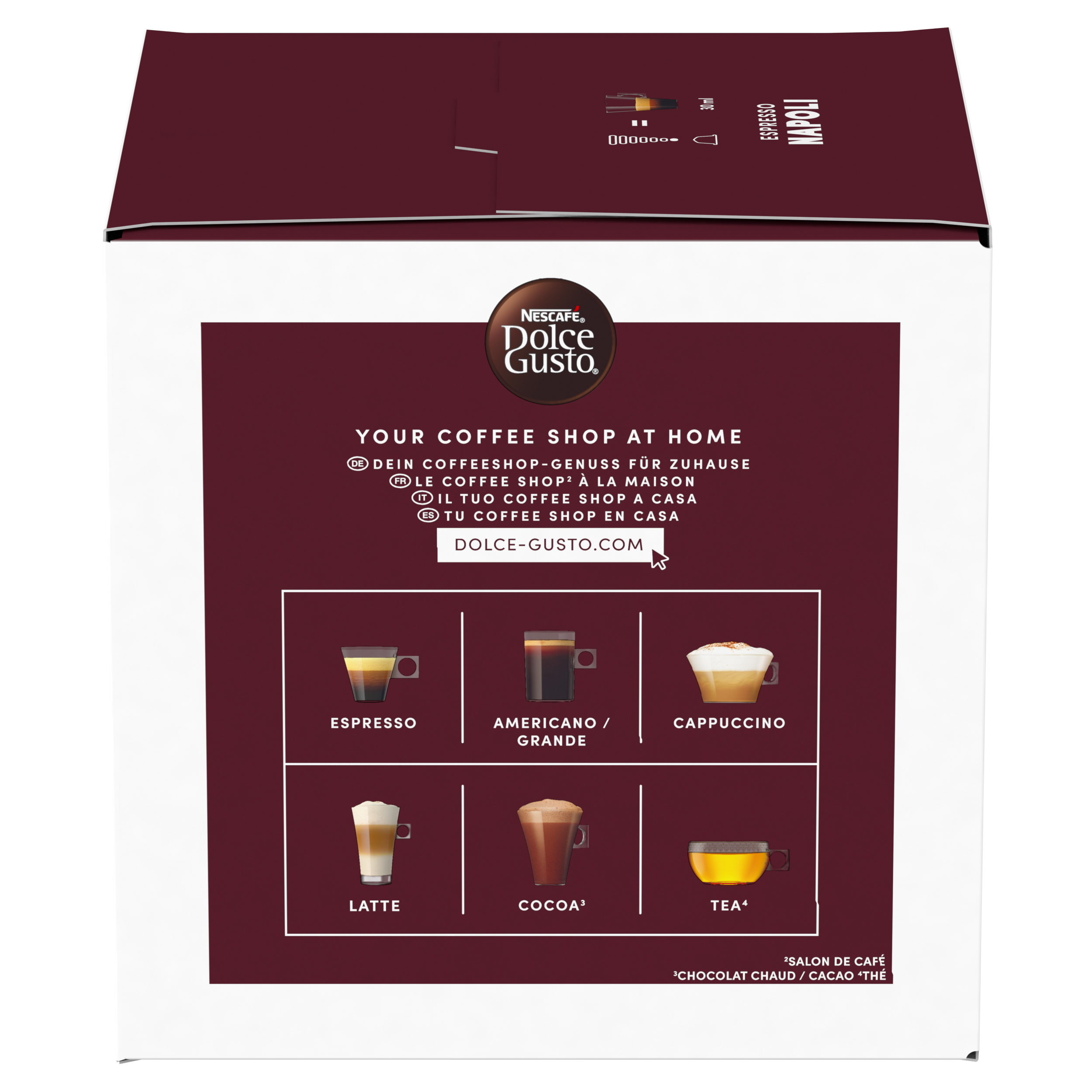 Confezione di varietà di caffè Nescafé Dolce Gusto: Espresso, Cappuccino, Latte, Cacao.