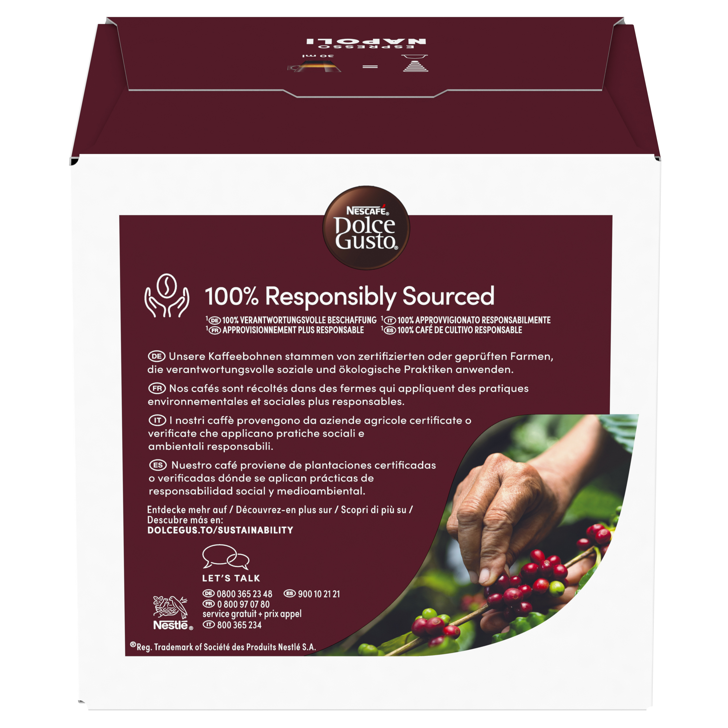 NESCAFÉ Dolce Gusto: 100% di provenienza responsabile. Vengono raccolte ciliegie di caffè.