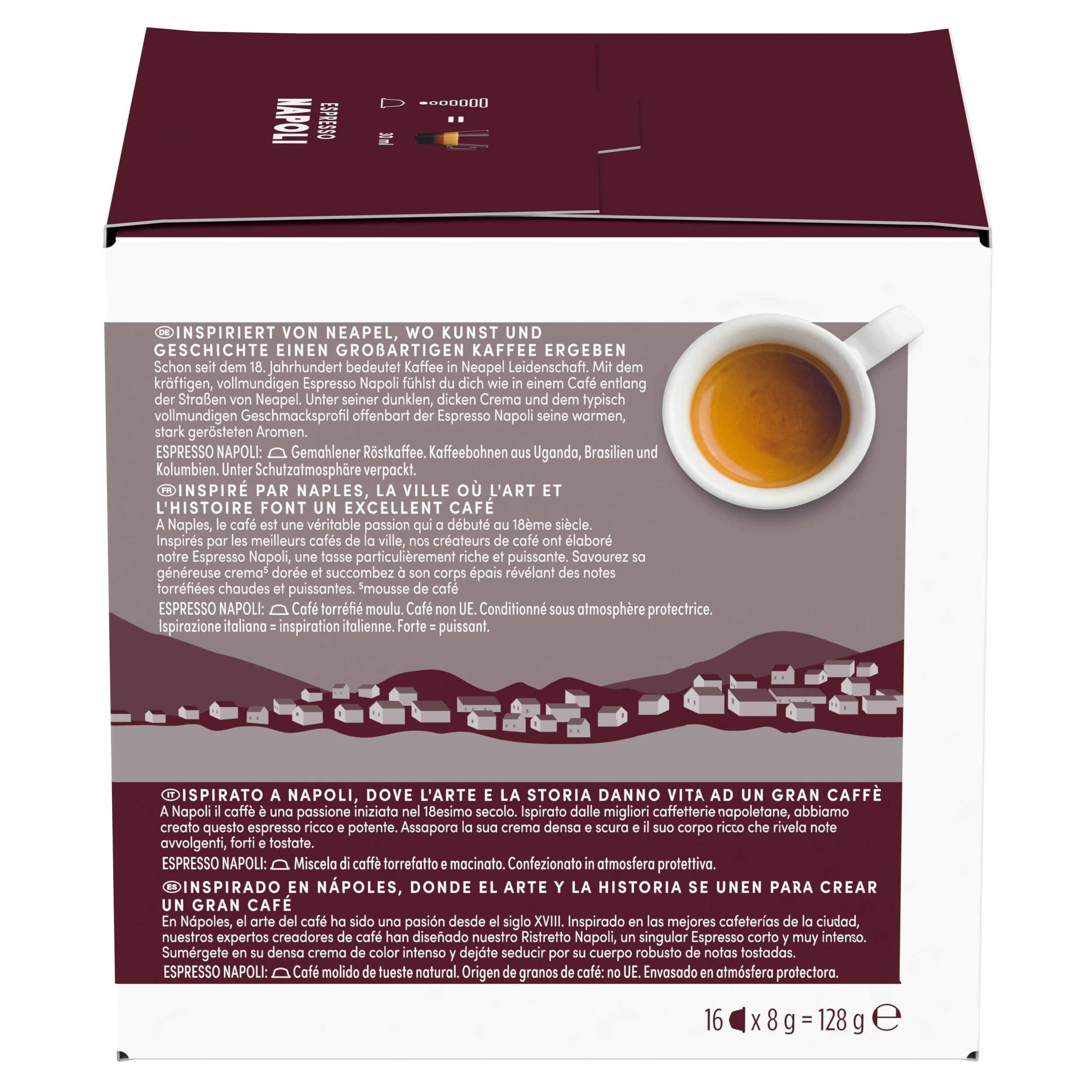 Una tazza di espresso con crema, circondata da testo e una vista stilizzata della città.