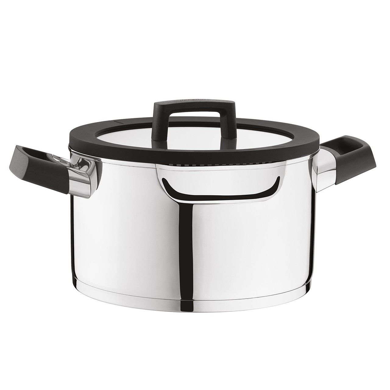 A shiny stainless steel stockpot with a glass lid and black handles.