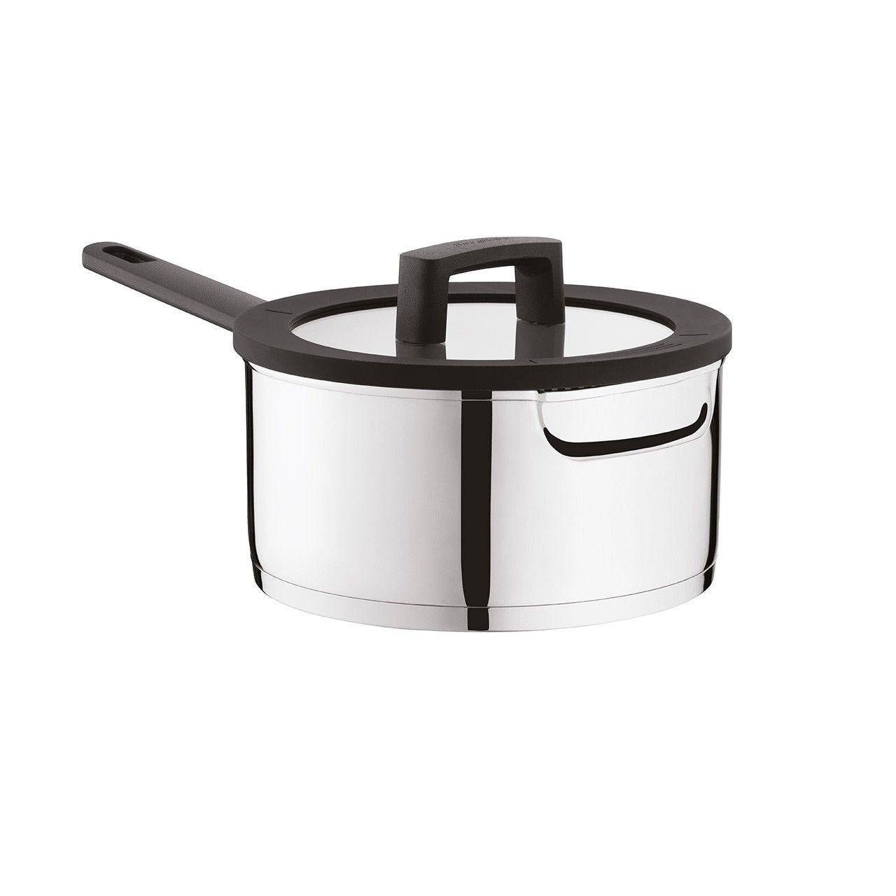 Stainless steel saucepan with black handle and glass lid, isolated on white.