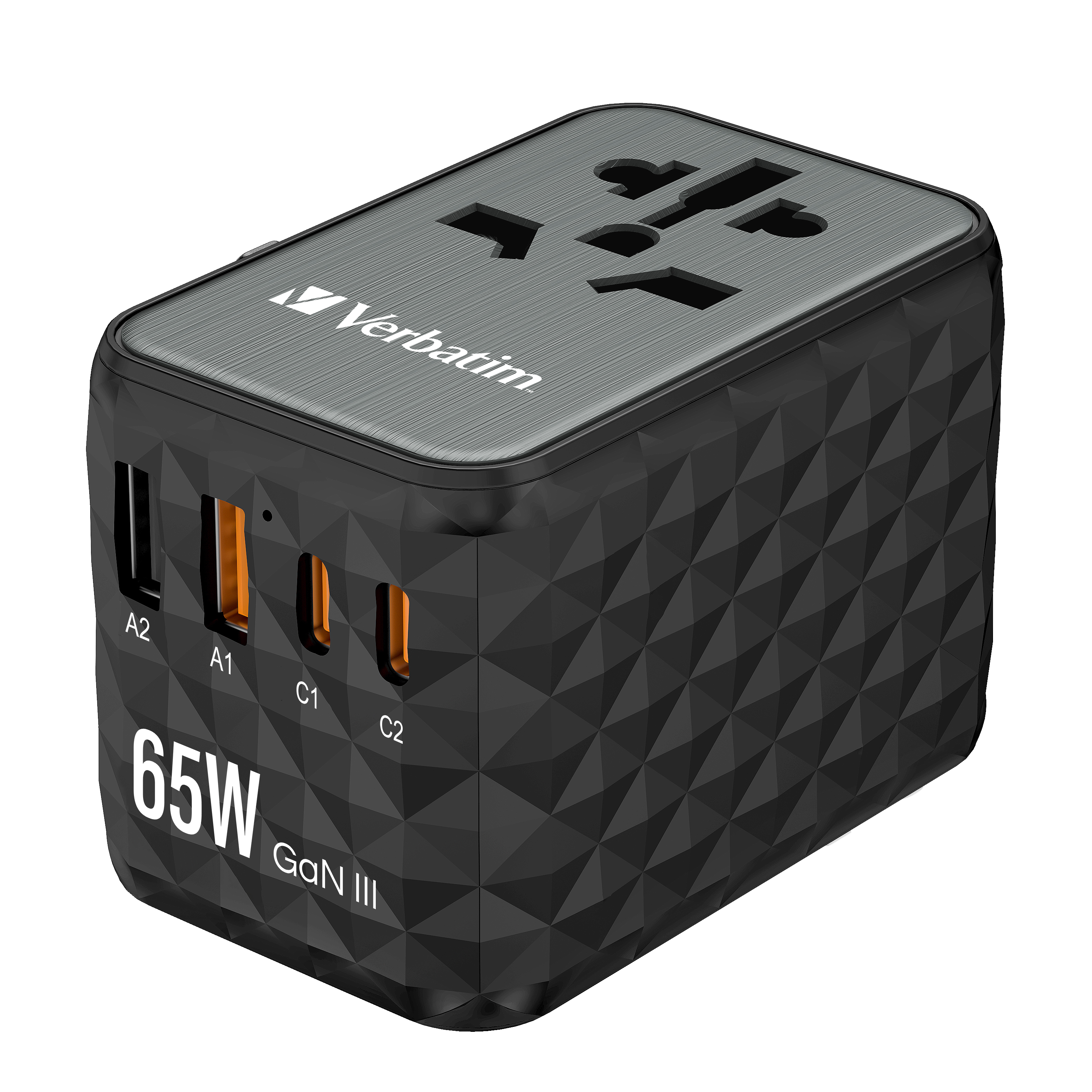 Caricatore Verbatim USB-C nero con due porte USB-A e due USB-C.