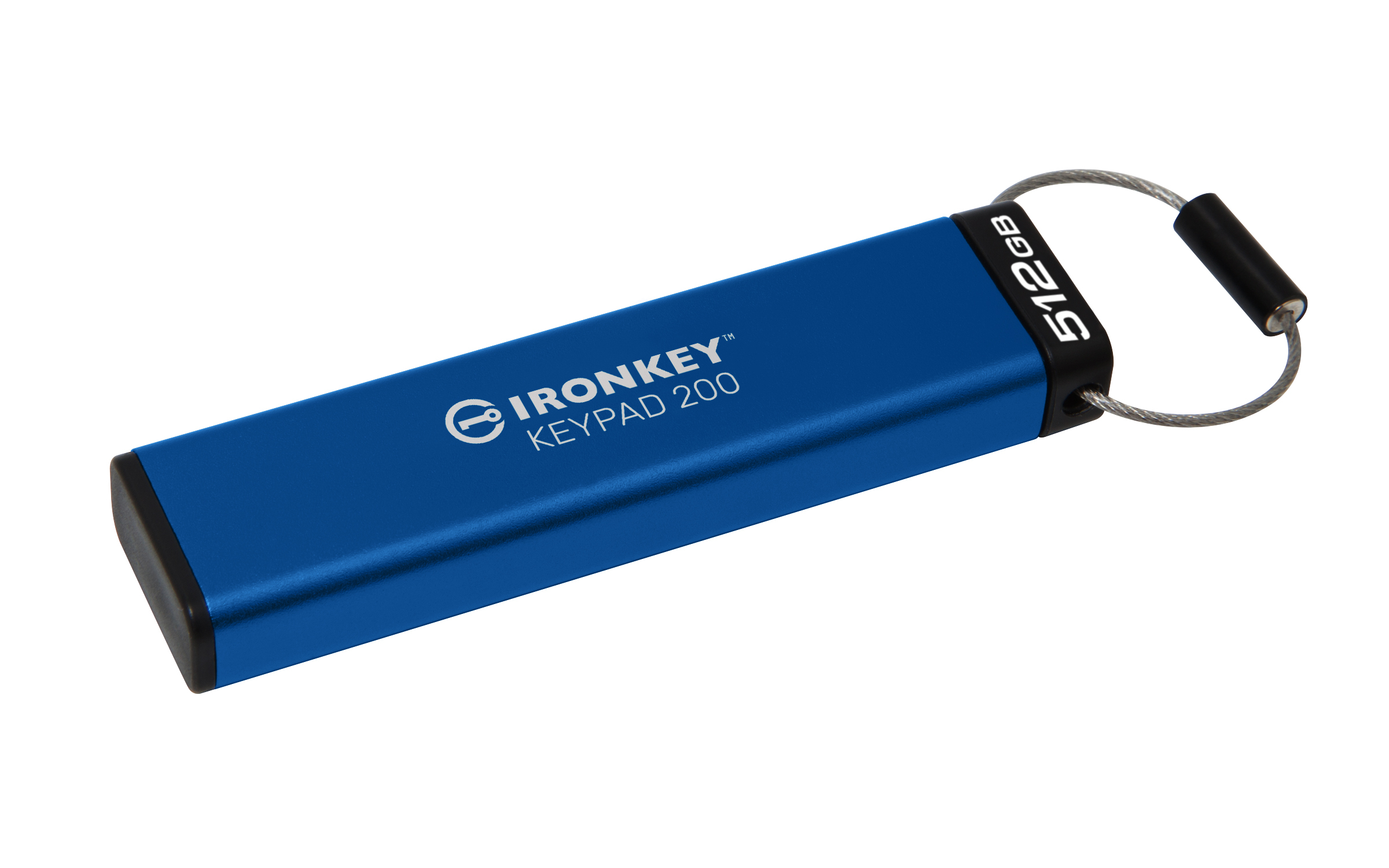 Ein blauer USB-Stick mit 512 GB Speicherkapazität und silbernem Schlüsselring.