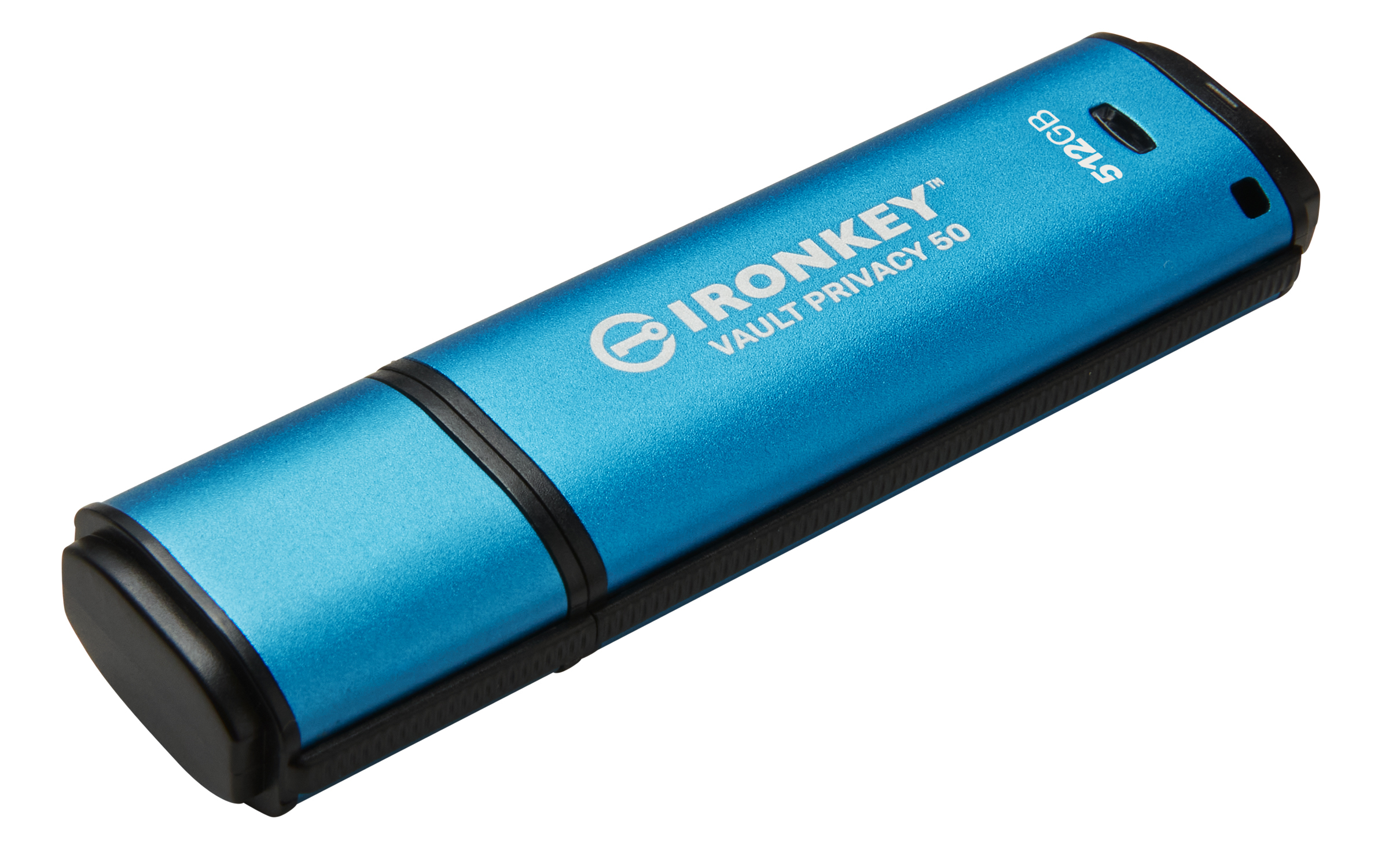 Chiavetta USB blu IronKey Vault Privacy 50 da 512 GB con accenti neri.